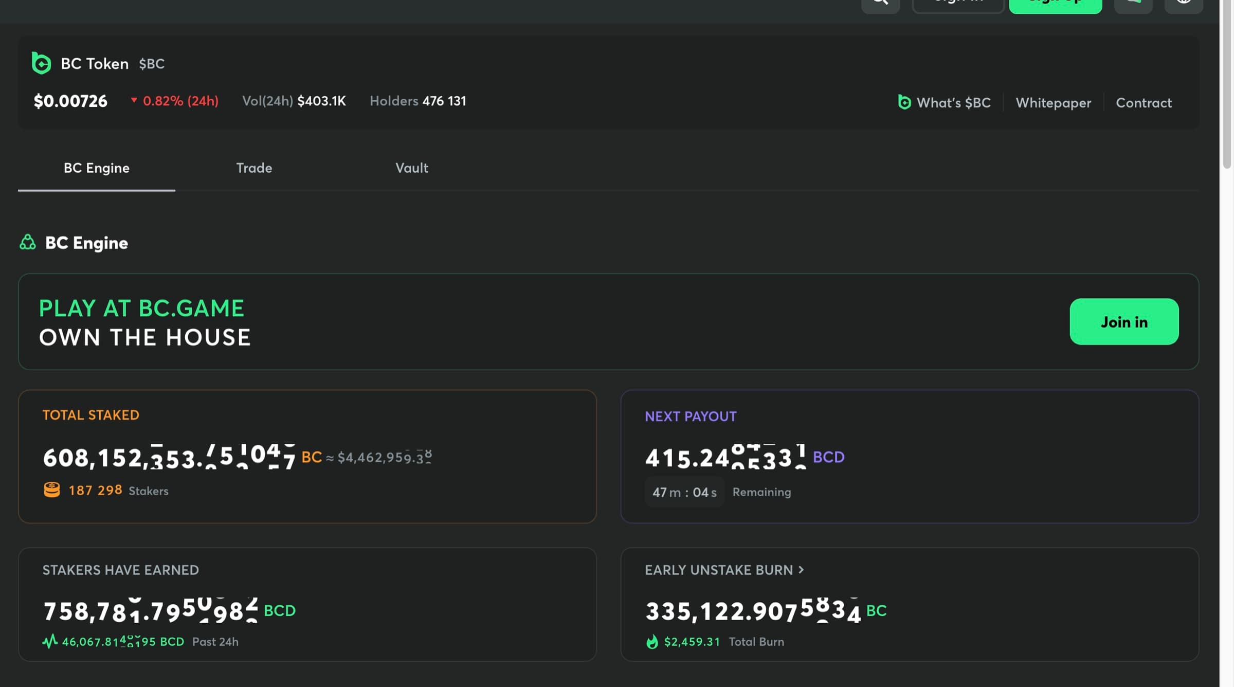 BC Token engine page — Total Staked 608,152,353 BCD ≈ $4.46M, 187,298 Stakers, Next Payout 415.24 BCD countdown 47m 04s, Stakers Have Earned 758,787,795 BCD lifetime, Early Unstake Burn 335M BC