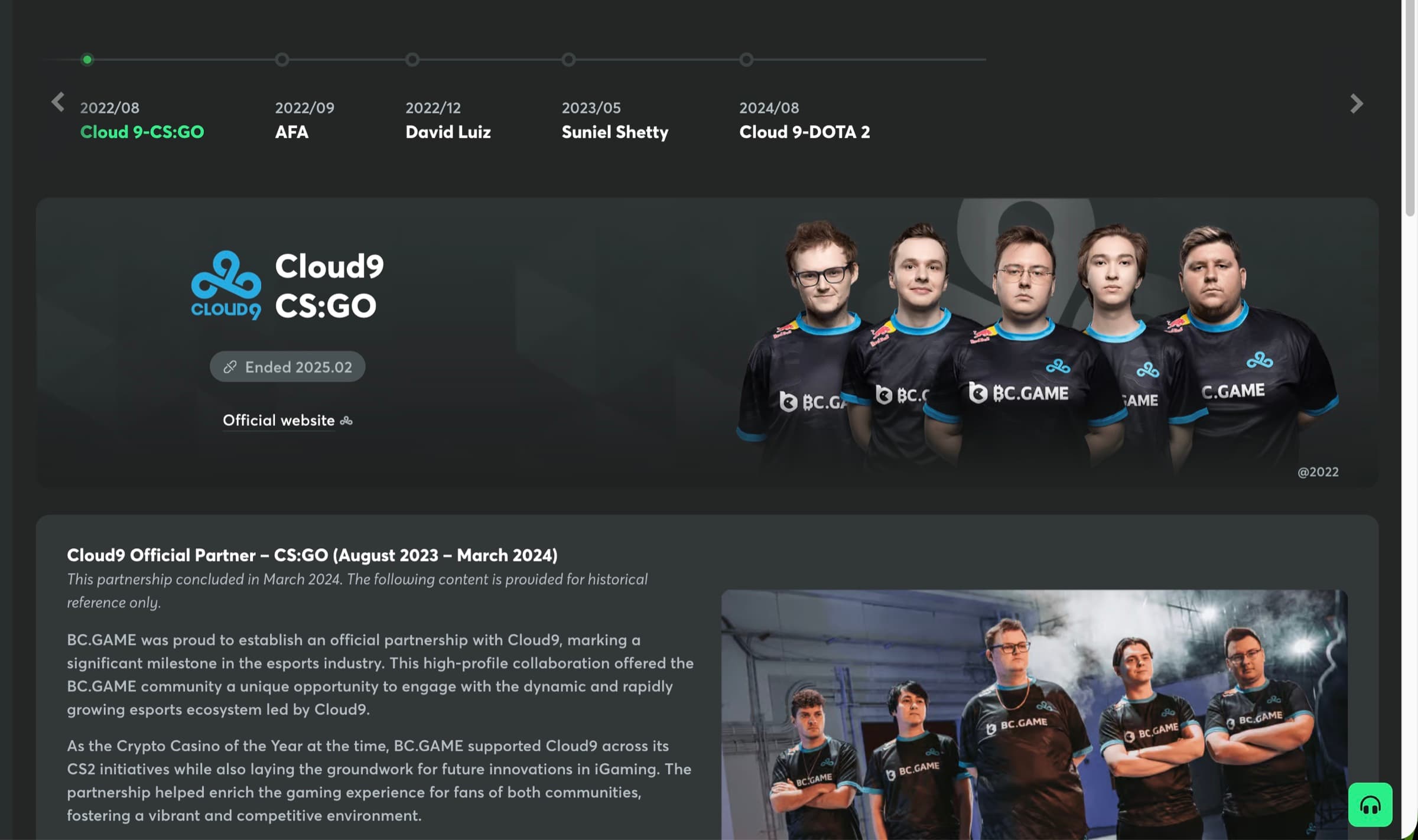 BC.Game partnership timeline — 2022/08 Cloud9 CS:GO, 2022/09 AFA, 2022/12 David Luiz, 2023/05 Suniel Shetty, 2024/08 Cloud9 DOTA 2 — with Cloud9 CS:GO partnership panel, BC.GAME × Cloud9 jerseys photo and historical narrative copy