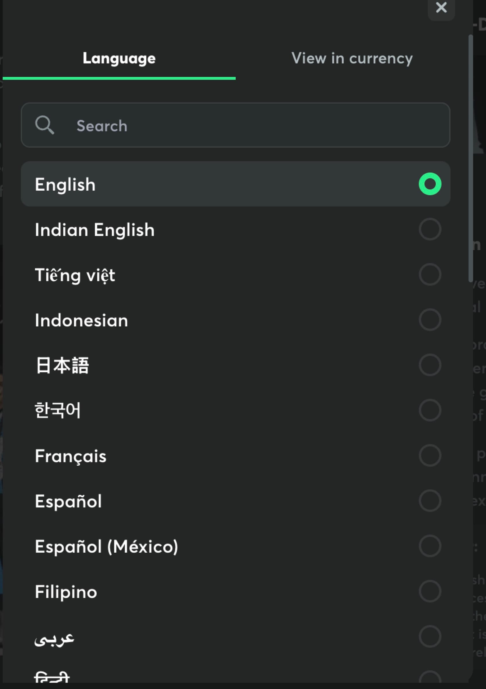 BC.Game language switcher — English (selected), Indian English, Tiếng việt, Indonesian, 日本語, 한국어, Français, Español, Español (México), Filipino, العربية, हिंदी, more underneath