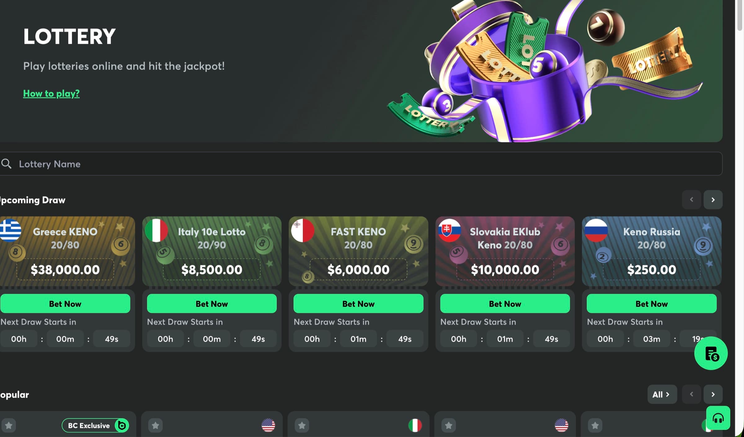 Lottery hero with Upcoming Draws — Greece KENO $38,000, Italy 10e Lotto $8,500, FAST KENO $6,000, Slovakia EKlub Keno $10,000, Keno Russia $250 — countdown clocks