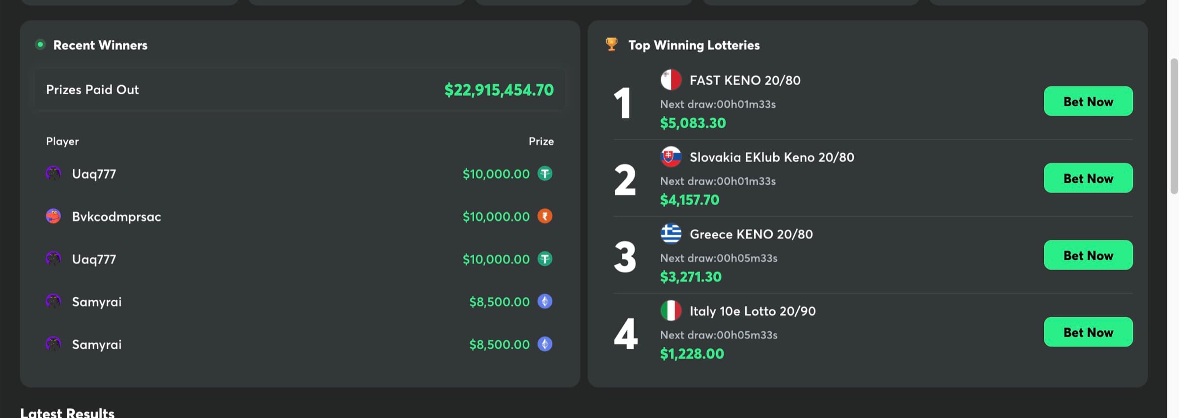 Recent Winners panel — Prizes Paid Out $22,915,454.70 with leaderboard of recent $10k and $8.5k wins; Top Winning Lotteries with FAST KENO, Slovakia EKlub, Greece KENO, Italy 10e Lotto