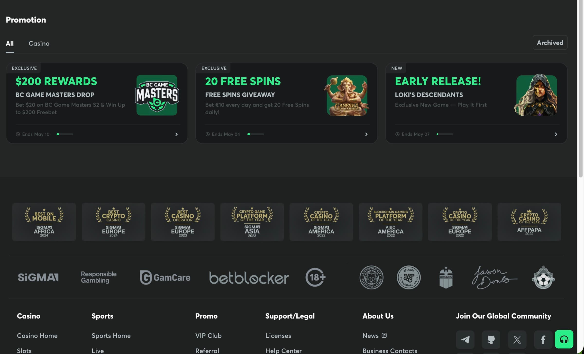 Promotions hub — $200 Rewards BC Game Masters Drop, 20 Free Spins Giveaway, Loki's Descendants Early Release; SiGMA Africa/Europe/Crypto Europe/Asia/America/Platform/Mobile awards row beneath