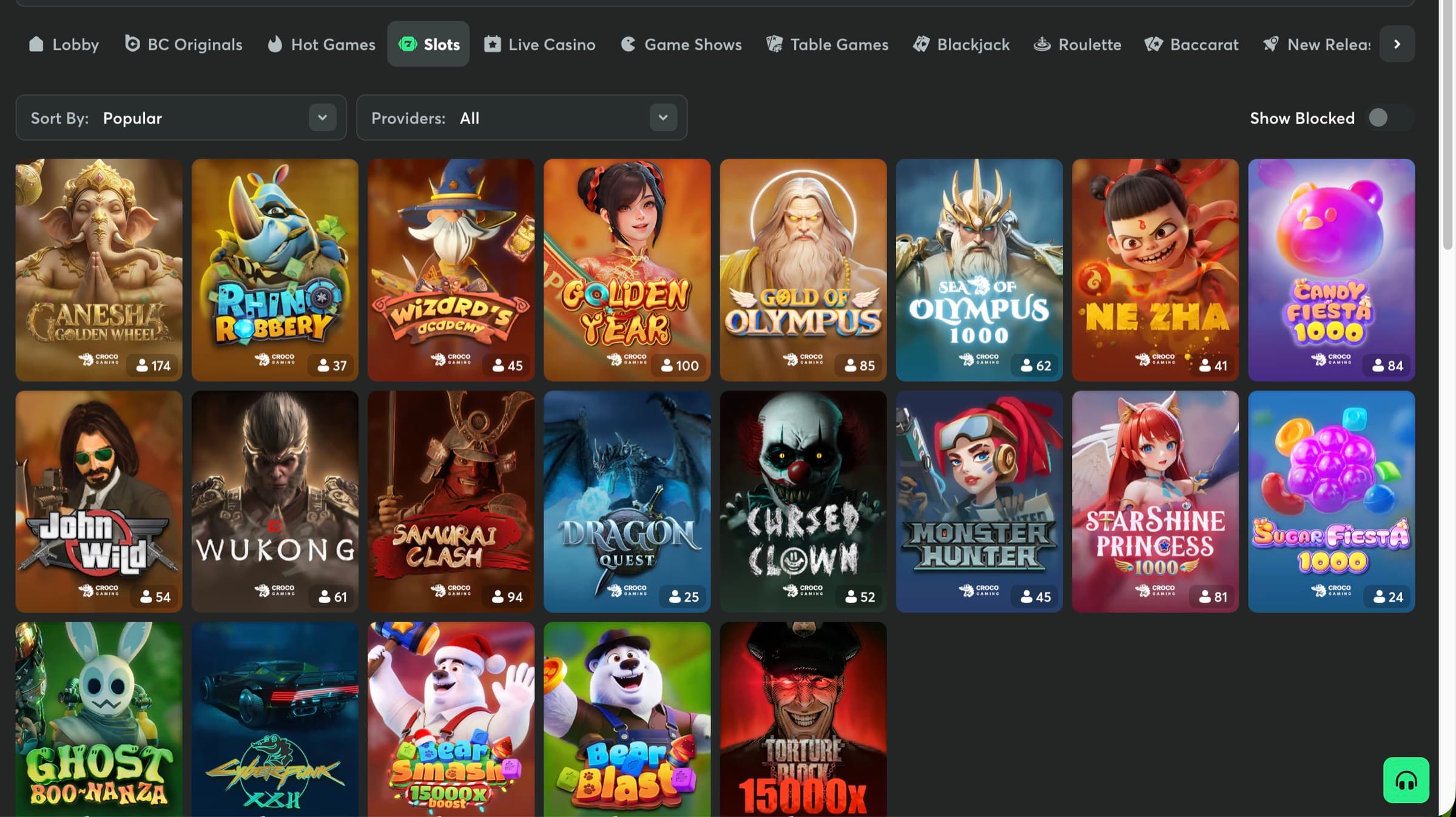 Slots lobby with Sort By Popular, Providers All filter, Show Blocked toggle