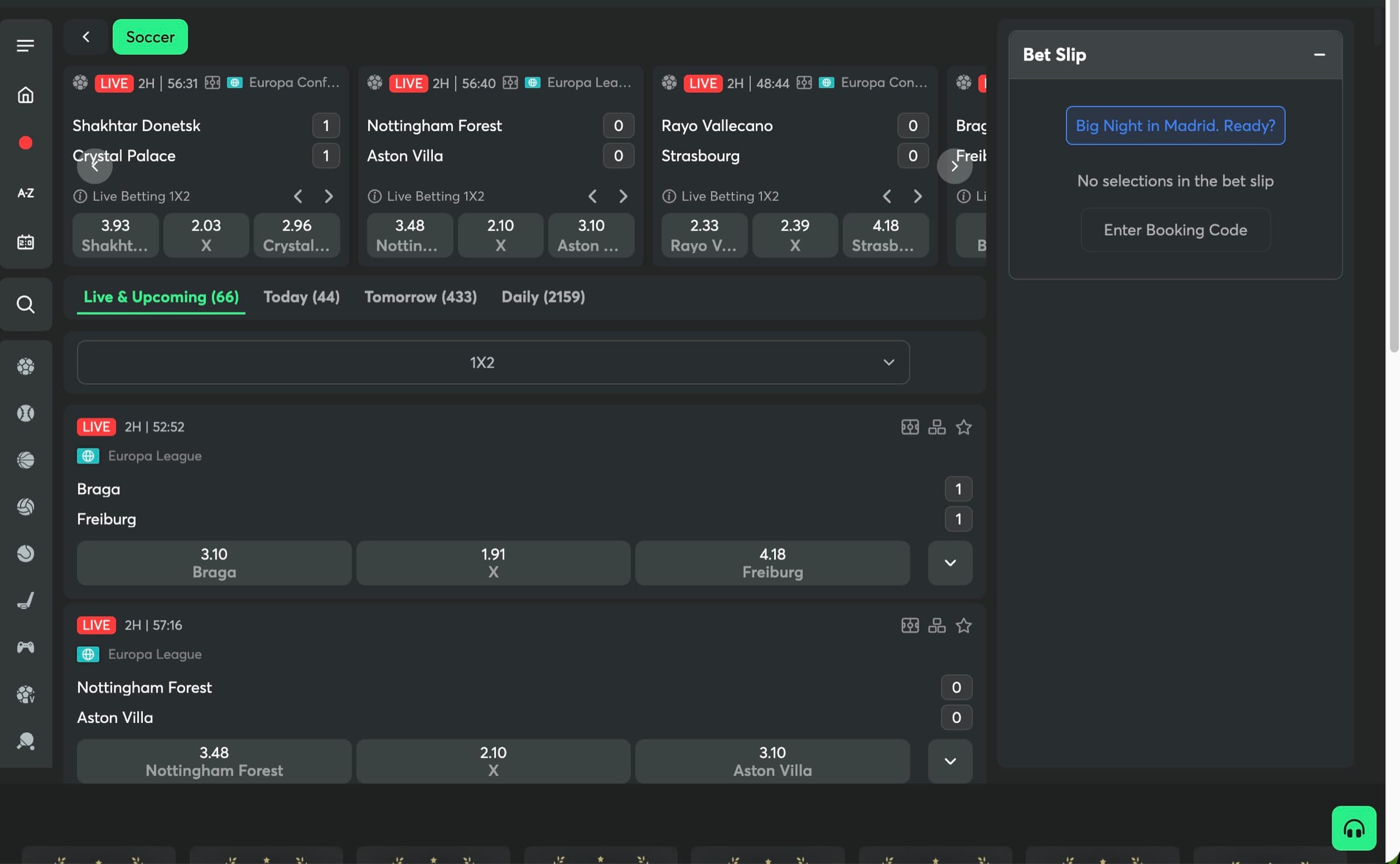 Live betting detail panel with Bet Slip — Braga vs Freiburg, Nottingham Forest vs Aston Villa, Rayo Vallecano vs Strasbourg odds and 1X2 markets
