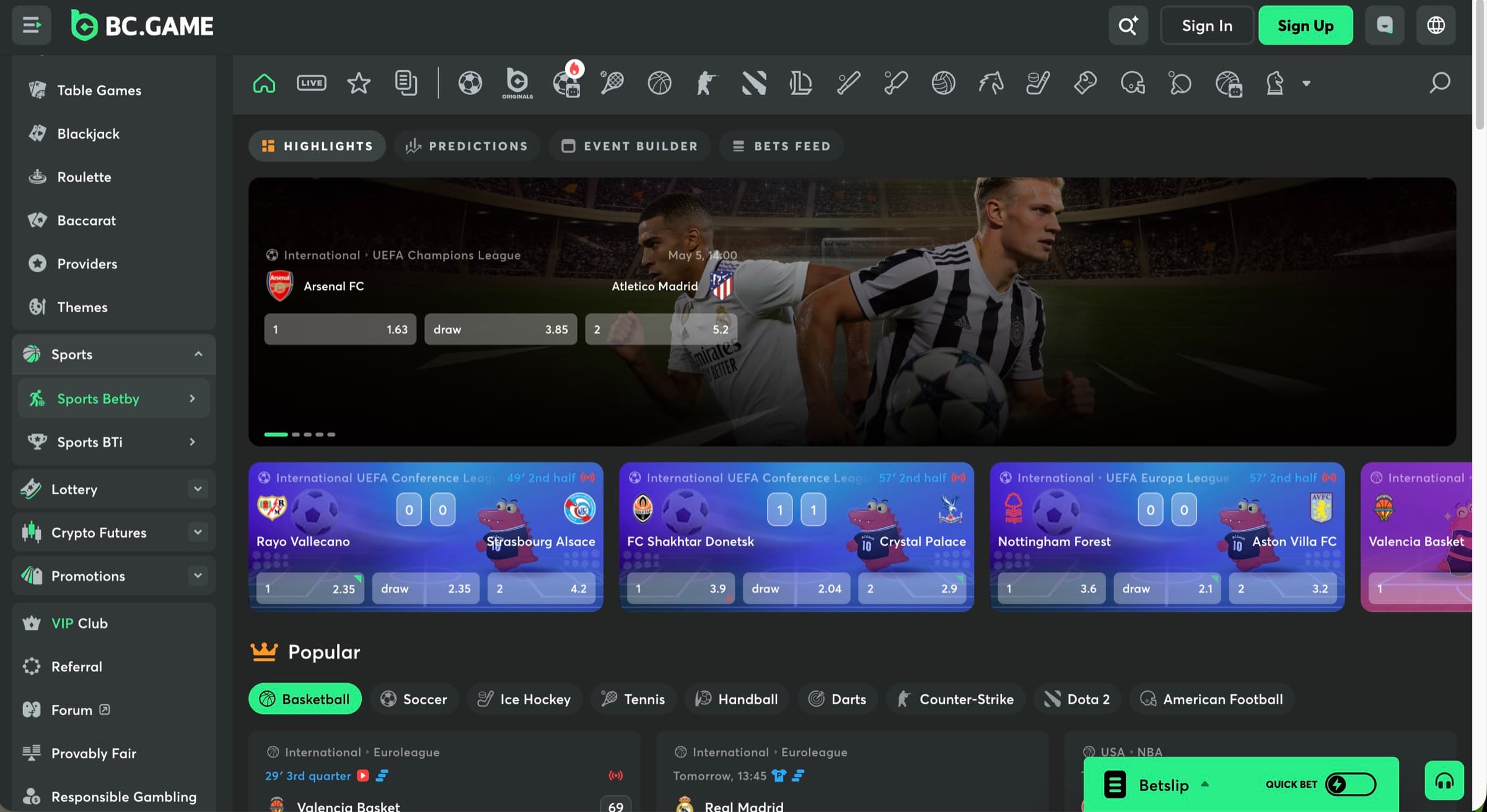 BC.Game sportsbook lobby — Highlights / Predictions / Event Builder / Bets Feed tabs with Champions League, Europa Conference, Europa League cards and Popular sport row