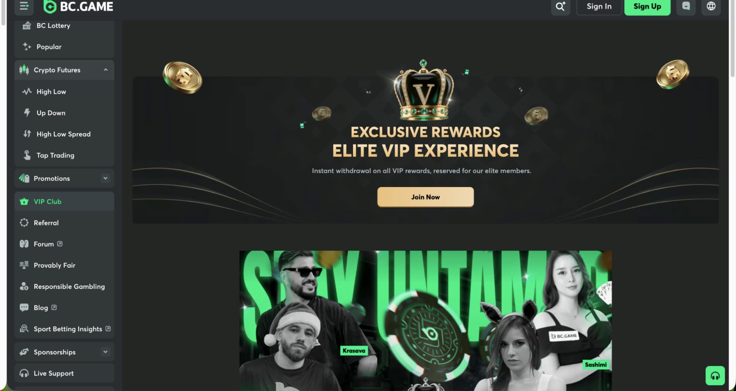 VIP Club hero — Exclusive Rewards · Elite VIP Experience, instant withdrawal on all VIP rewards reserved for elite members, Join Now CTA, Stay Untamed brand panel underneath