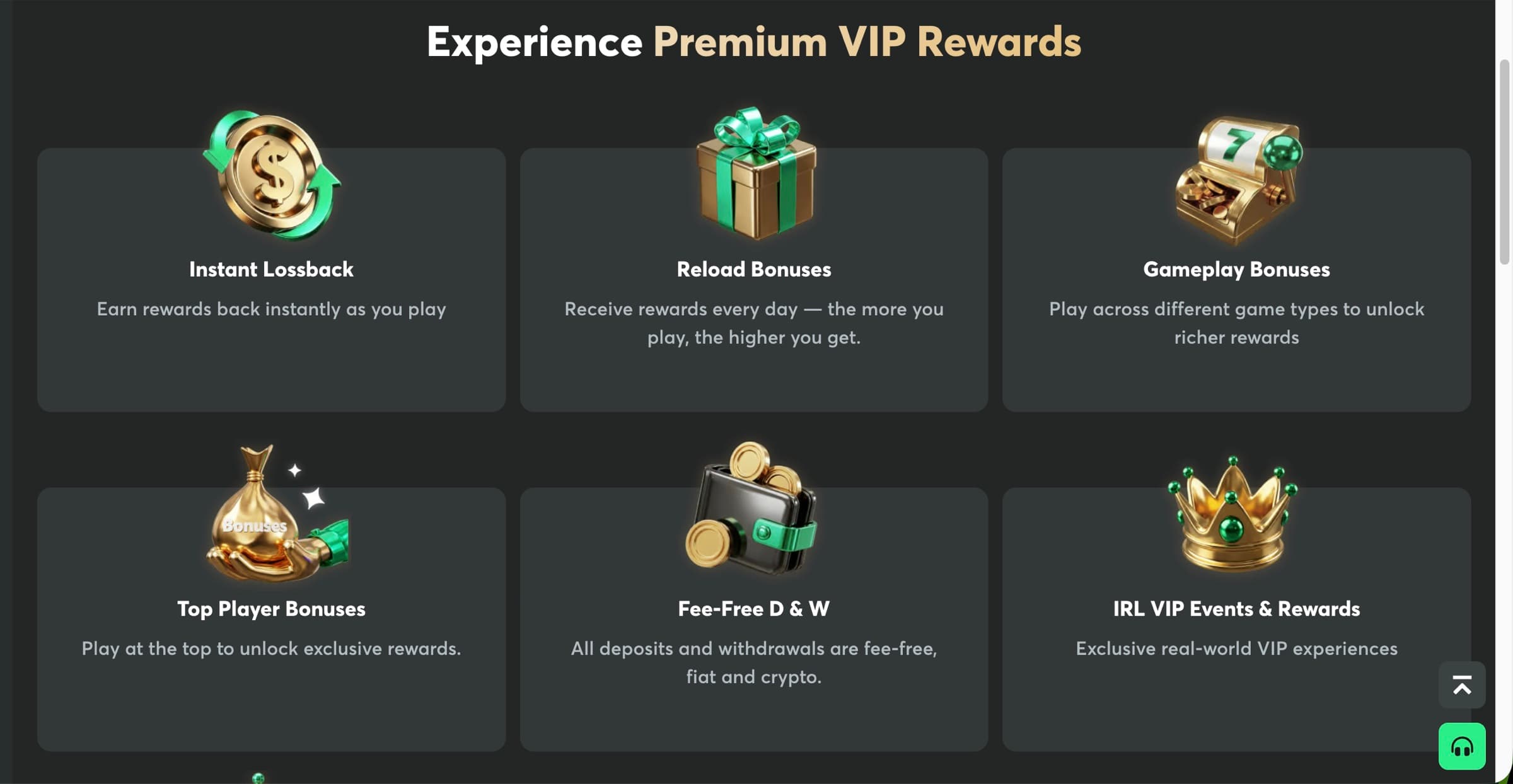 Experience Premium VIP Rewards — Instant Lossback, Reload Bonuses, Gameplay Bonuses, Top Player Bonuses, Fee-Free D & W, IRL VIP Events & Rewards