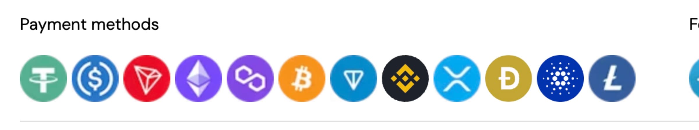 Bitcasino payment methods row showing 12 crypto badges in order — USDT, USDC, TRX (Tron), ETH, MATIC (Polygon), BTC, TON, BNB, XRP, DOGE, ADA, LTC