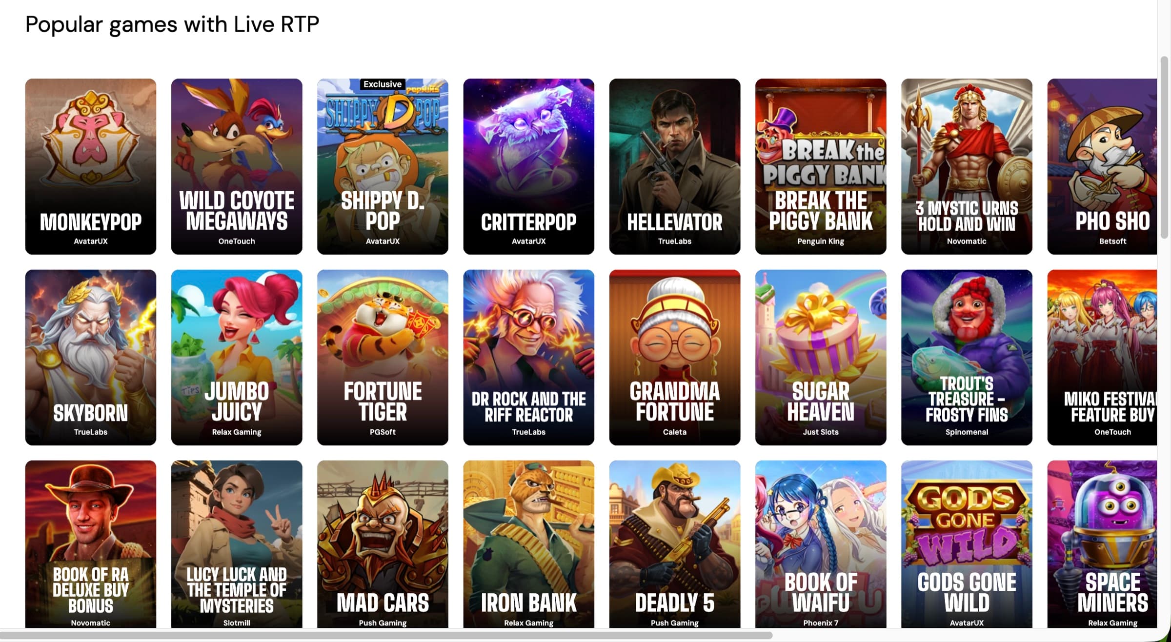 Bitcasino 'Popular games with Live RTP' grid showing 24 games with live RTP percentages — MonkeyPop, Wild Coyote Megaways, Shippy D. Pop with Exclusive badge, Critterpop, Hellevator, Break the Piggy Bank, 3 Mystic Urns, Pho Sho, Skyborn, Jumbo Juicy, Fortune Tiger, Dr Rock and the Riff Reactor, Grandma Fortune, Sugar Heaven, Trout's Treasure Frosty Fins, Miko Festival Feature Buy, Book of Ra Deluxe Buy Bonus, Lucy Luck and the Temple of Mysteries, Mad Cars, Iron Bank, Deadly 5, Book of Waifu, Gods Gone Wild, Space Miners