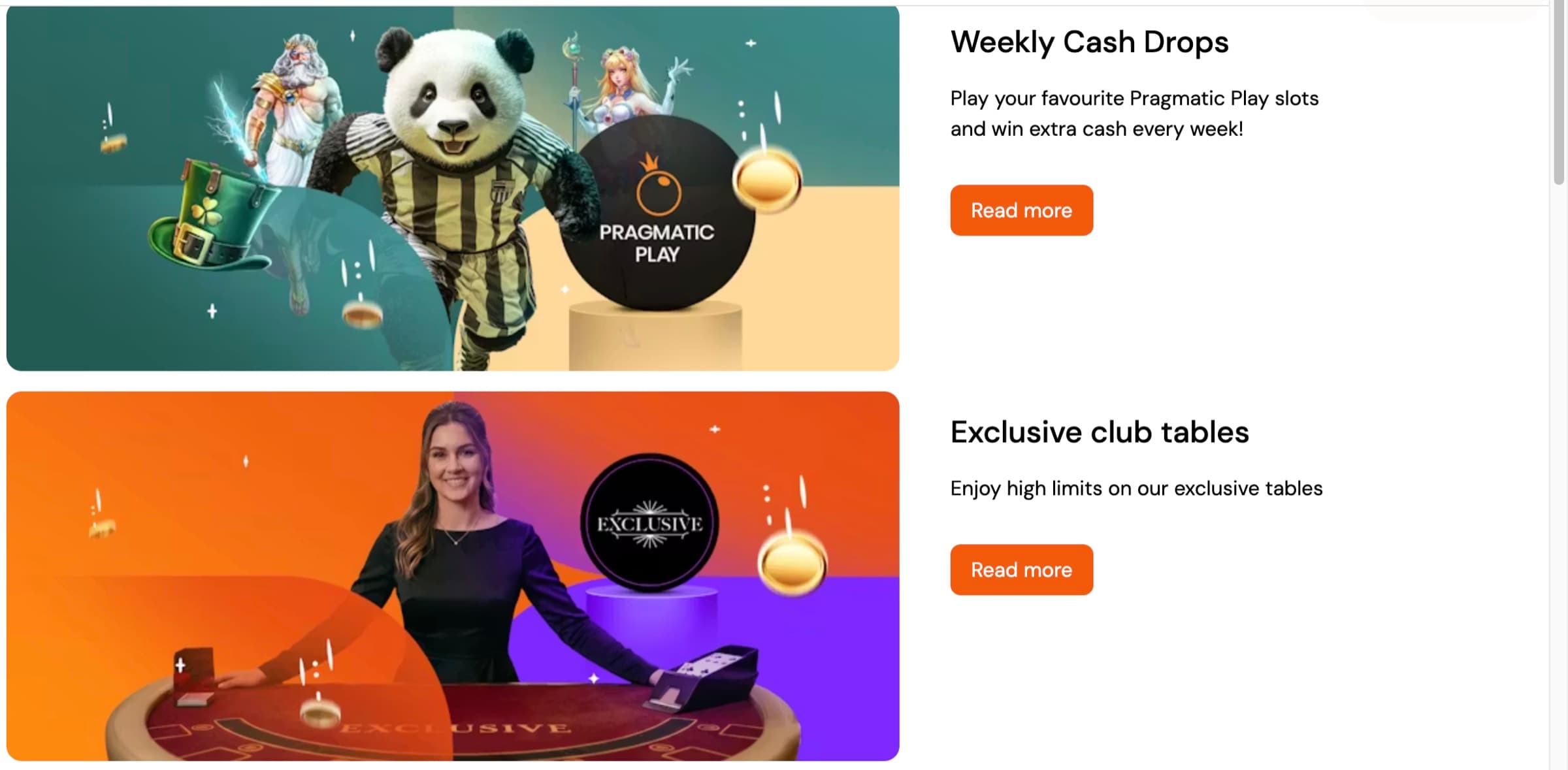 Bitcasino promotions page with Weekly Cash Drops Pragmatic Play tile and Exclusive club tables tile featuring live-dealer high limits