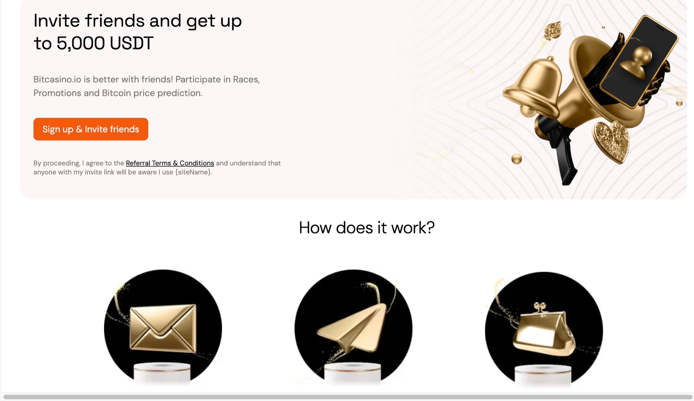 Bitcasino refer-a-friend page showing 'Invite friends and get up to 5,000 USDT' headline with a How does it work step-by-step explainer for the referral programme