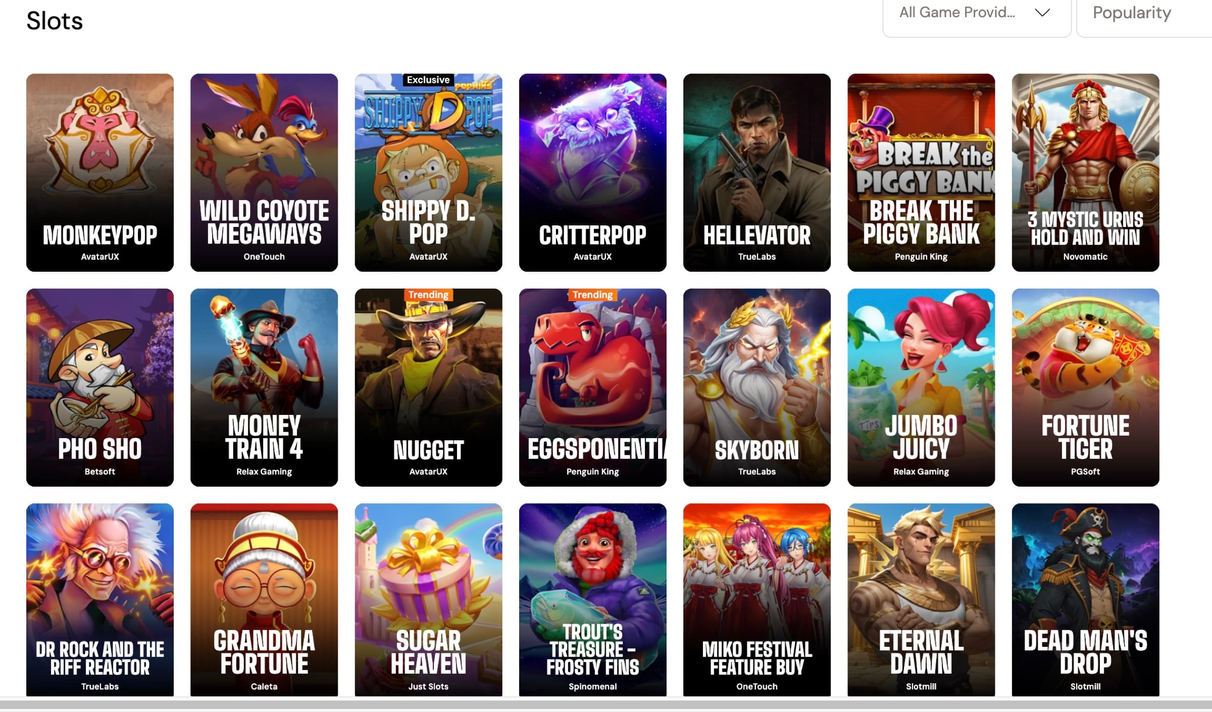 Bitcasino Slots tab showing a 21-game grid — MonkeyPop AvatarUX, Wild Coyote Megaways OneTouch, Shippy D. Pop AvatarUX with Exclusive badge, Critterpop AvatarUX, Hellevator TrueLab, Break the Piggy Bank Penguin King, 3 Mystic Urns Hold and Win Novomatic, Pho Sho Betsoft, Money Train 4 Relax Gaming, Nugget AvatarUX trending, Eggsponential Penguin King trending, Skyborn TrueLab, Jumbo Juicy Relax Gaming, Fortune Tiger PGSoft, Dr Rock and the Riff Reactor TrueLab, Grandma Fortune Caleta, Sugar Heaven Just Slots, Trout's Treasure Frosty Fins Spinomenal, Miko Festival Feature Buy OneTouch, Eternal Dawn Booming, Dead Man's Drop