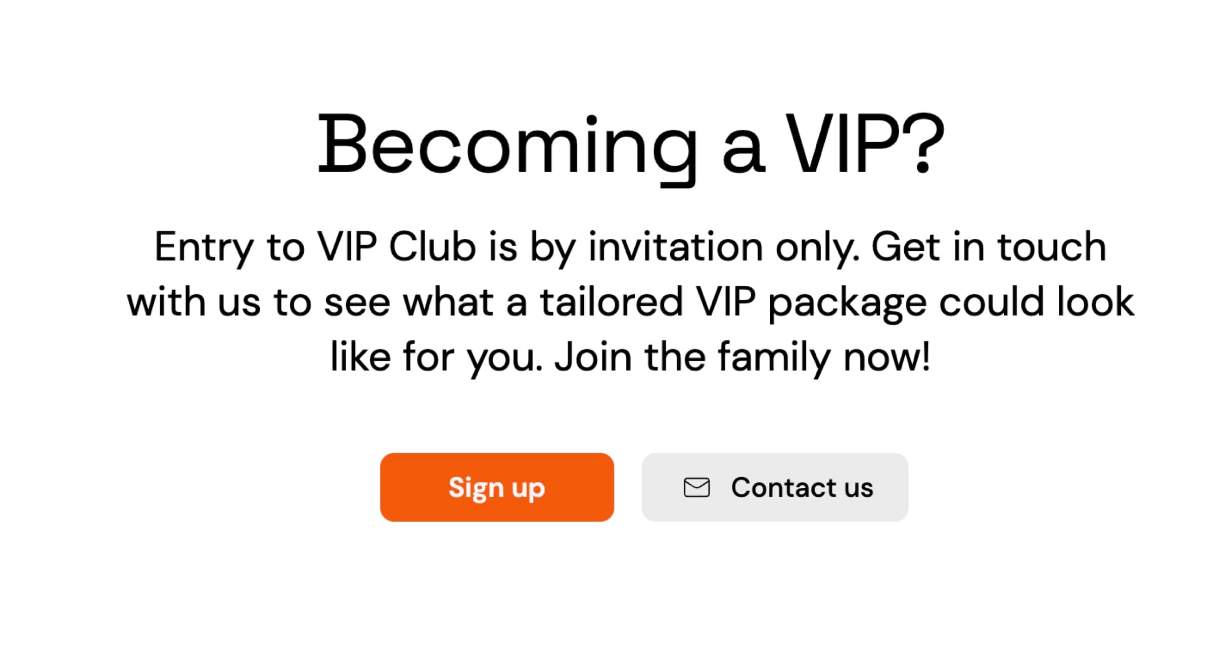 Bitcasino 'Becoming a VIP?' page with 'Entry to VIP Club is by invitation only. Get in touch with us to see what a tailored VIP package could look like for you' plus Sign up and Contact us CTAs