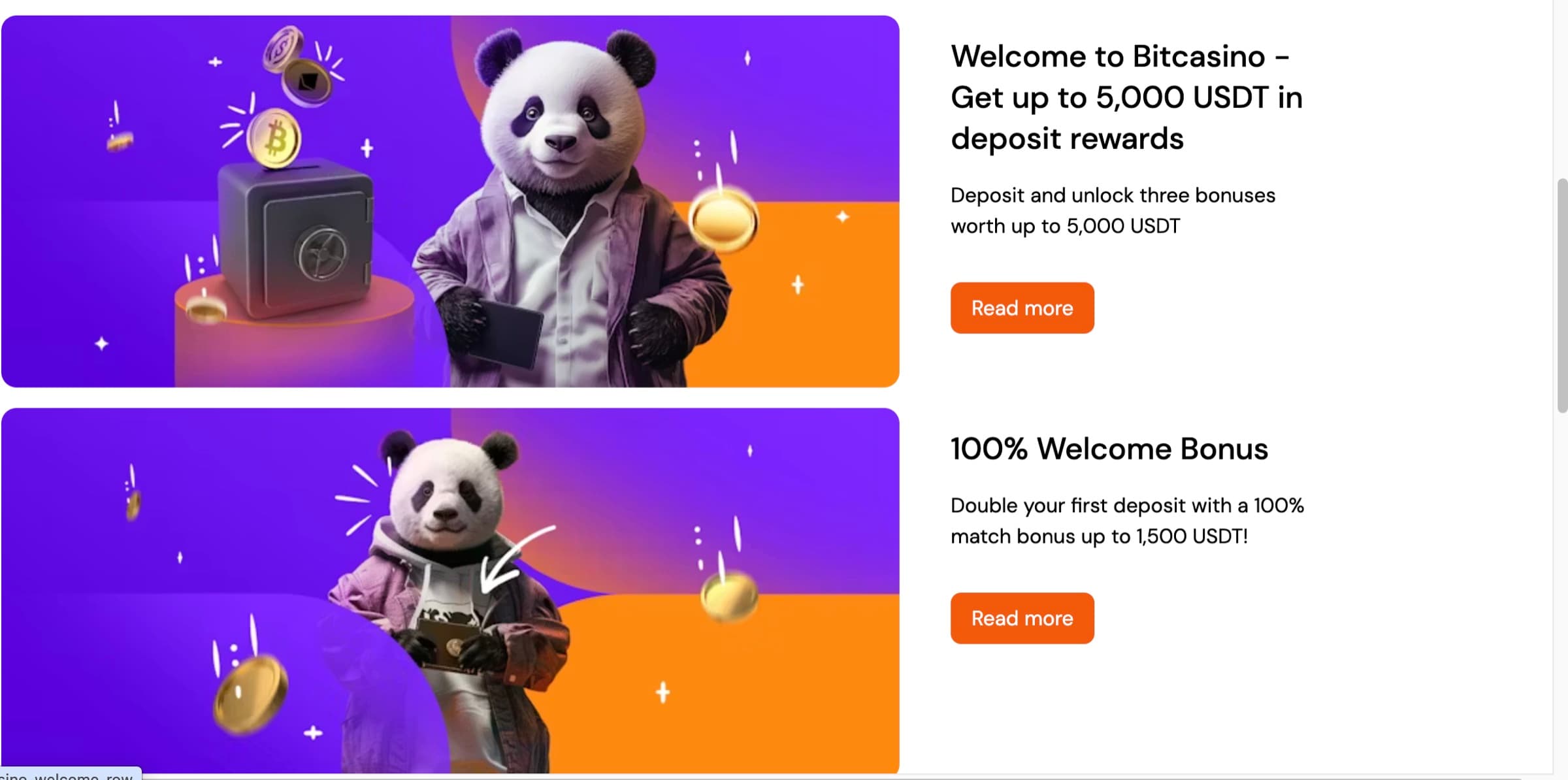 Bitcasino welcome rewards page with two tiles — 'Welcome to Bitcasino - Get up to 5,000 USDT in deposit rewards' and '100% Welcome Bonus, Double your first deposit with a 100% match bonus up to 1,500 USDT'