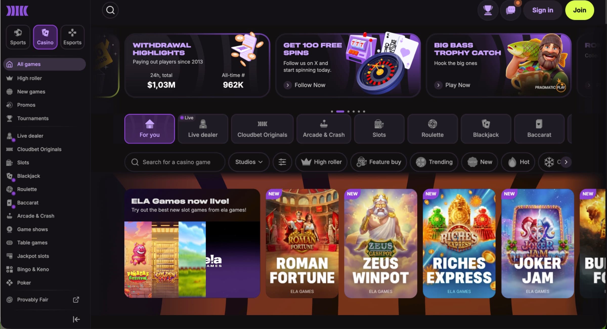 Cloudbet casino dashboard with Withdrawal Highlights showing 1.02 million largest 24-hour and 962K total 24-hour, plus ELA Games Now Live row