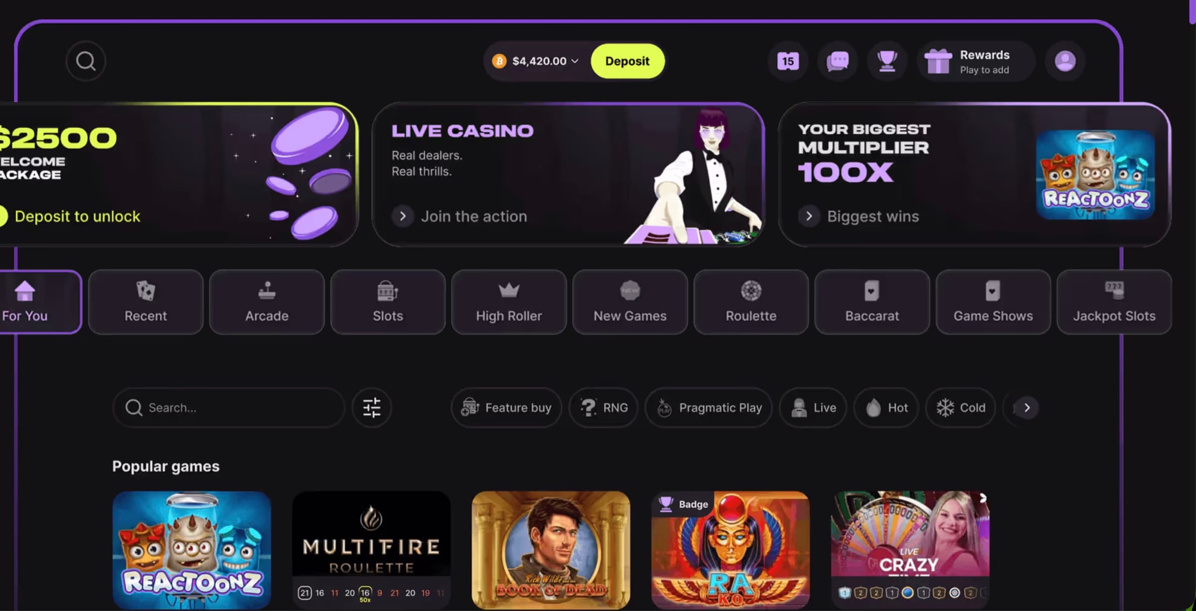 Cloudbet casino lobby with For You / Recent / Arcade / Slots / High Roller / New Games / Roulette / Baccarat / Game Shows / Jackpot Slots tabs and Popular games row including ReactOonz and Multifire Roulette