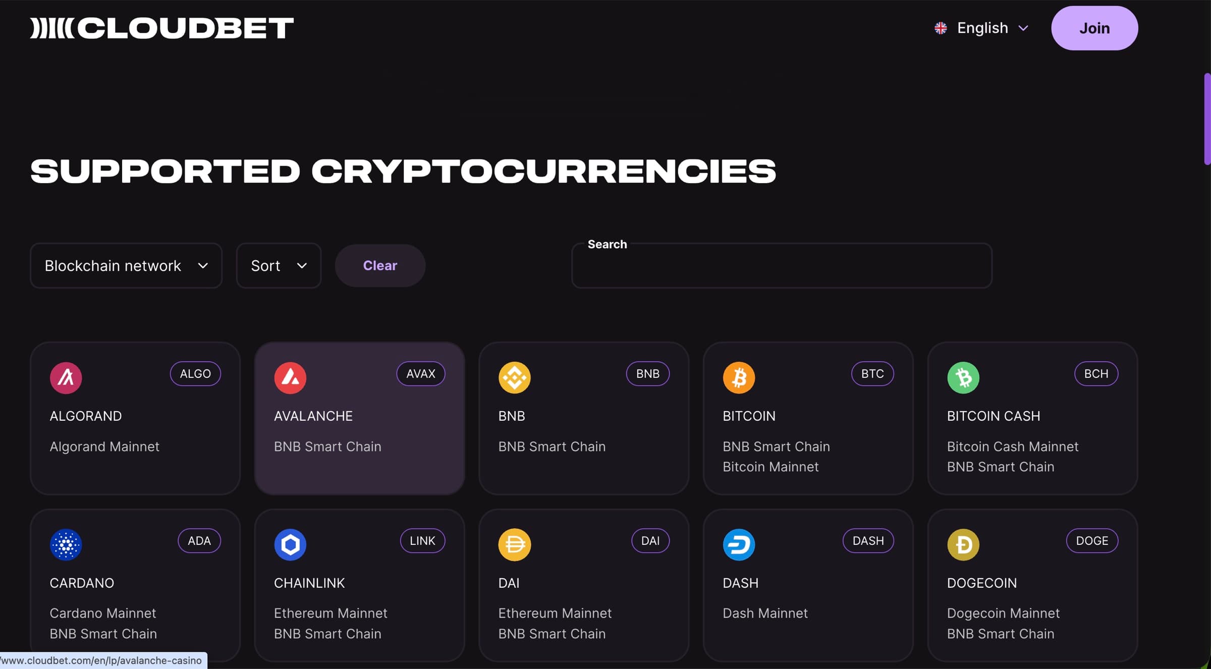 Cloudbet supported cryptocurrencies grid with Algorand, Avalanche, BNB, Bitcoin, Bitcoin Cash, Cardano, Chainlink, DAI, DASH, Dogecoin tiles plus Blockchain network filter