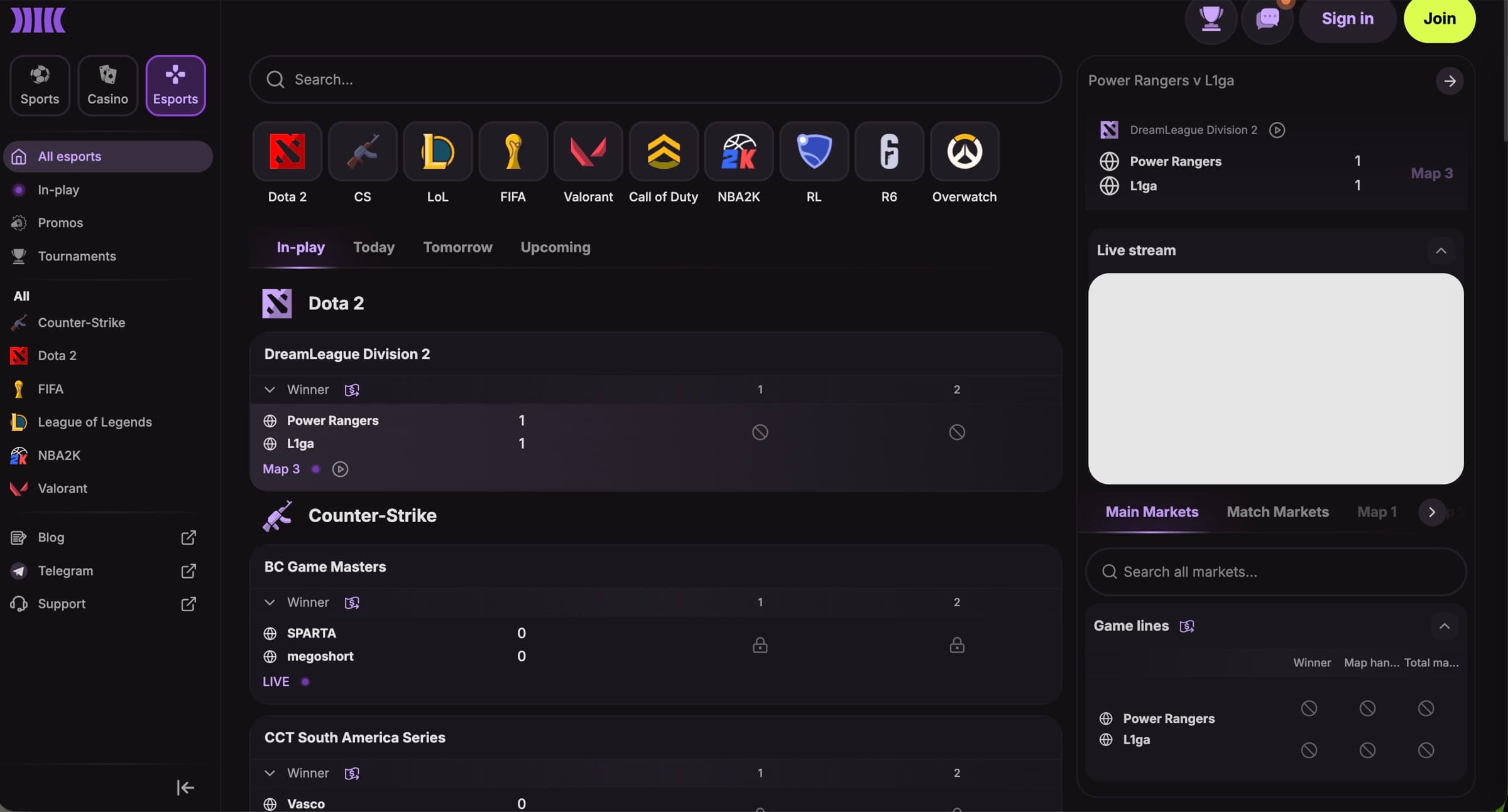 Cloudbet esports lobby with Dota 2 DreamLeague Division 2 (Power Rangers vs L1ga), Counter-Strike BC Game Masters and CCT South America Series fixtures, plus full sport list including FIFA, League of Legends, NBA2K, Valorant