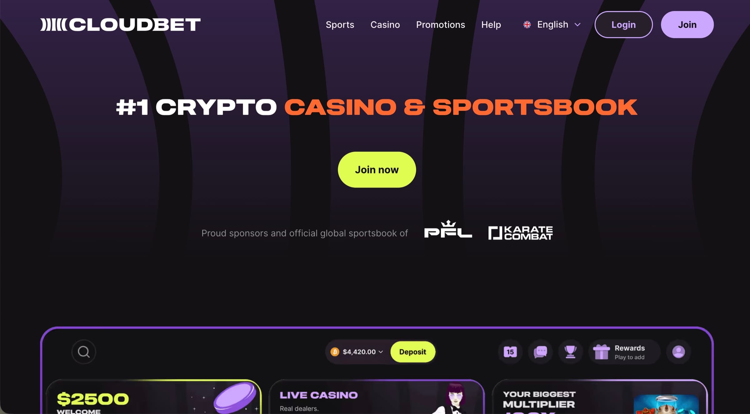 Cloudbet homepage with #1 Crypto Casino & Sportsbook headline and PFL plus Karate Combat sponsorship logos