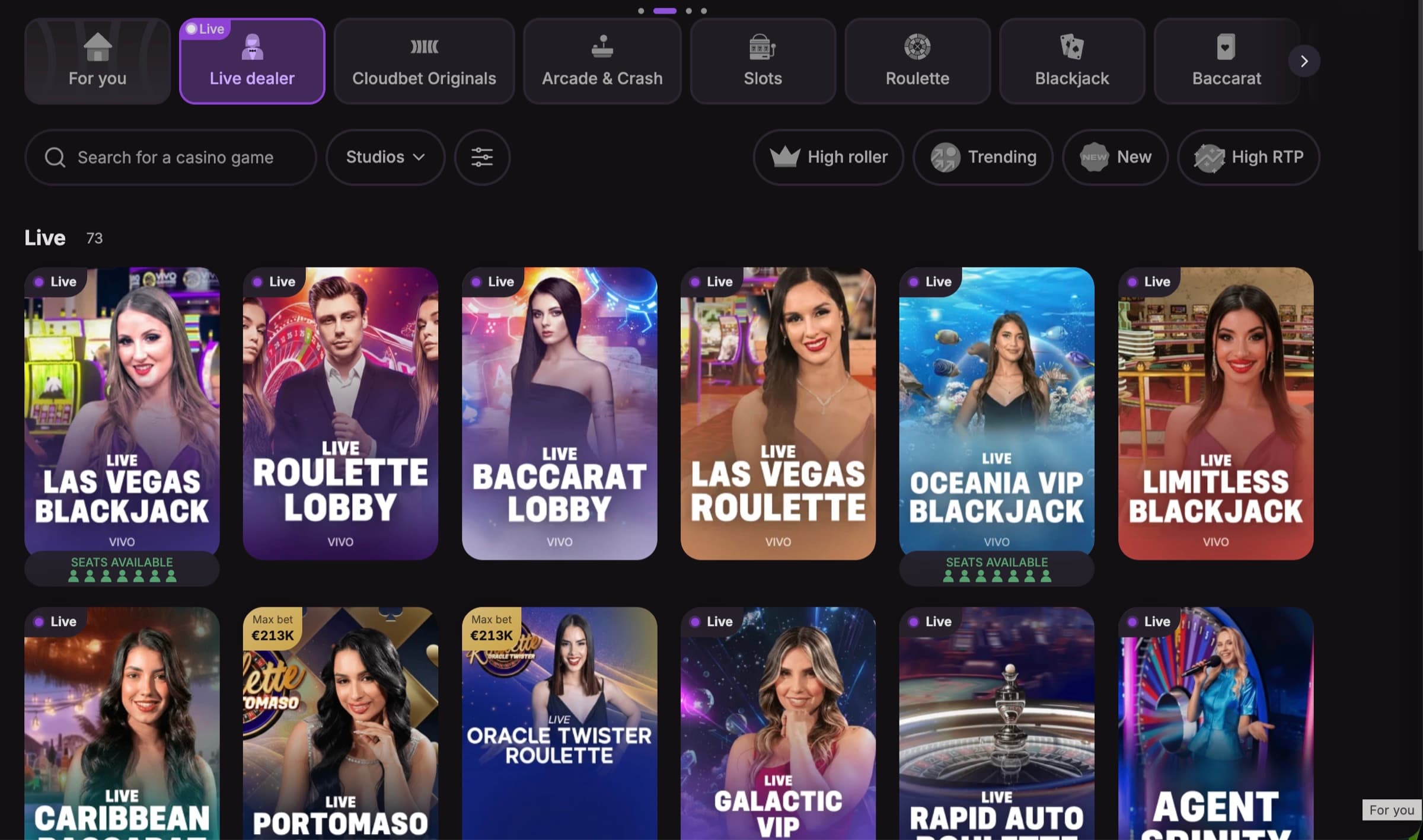 Cloudbet Live dealer lobby with For You / Live dealer / Cloudbet Originals / Arcade & Crash / Slots / Roulette / Blackjack / Baccarat tabs and Las Vegas Blackjack, Roulette Lobby, Baccarat Lobby, Las Vegas Roulette, Oceania VIP Blackjack and Limitless Blackjack tables visible