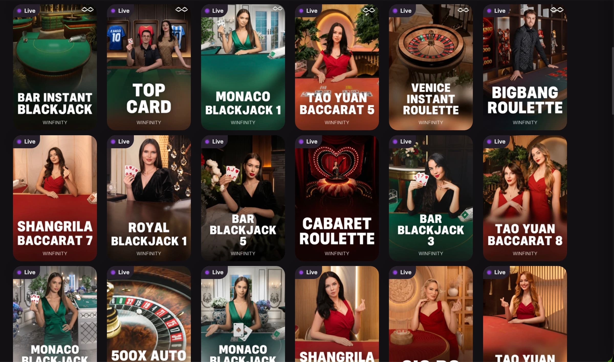 Cloudbet live instant tables featuring Bar Instant Blackjack, Top Card, Monaco Blackjack, Tao Yuan Baccarat, Venice Instant Roulette, Bigbang Roulette, Shangrila Baccarat, Royal Blackjack, Bar Blackjack, Cabaret Roulette and Tao Yuan Baccarat 8