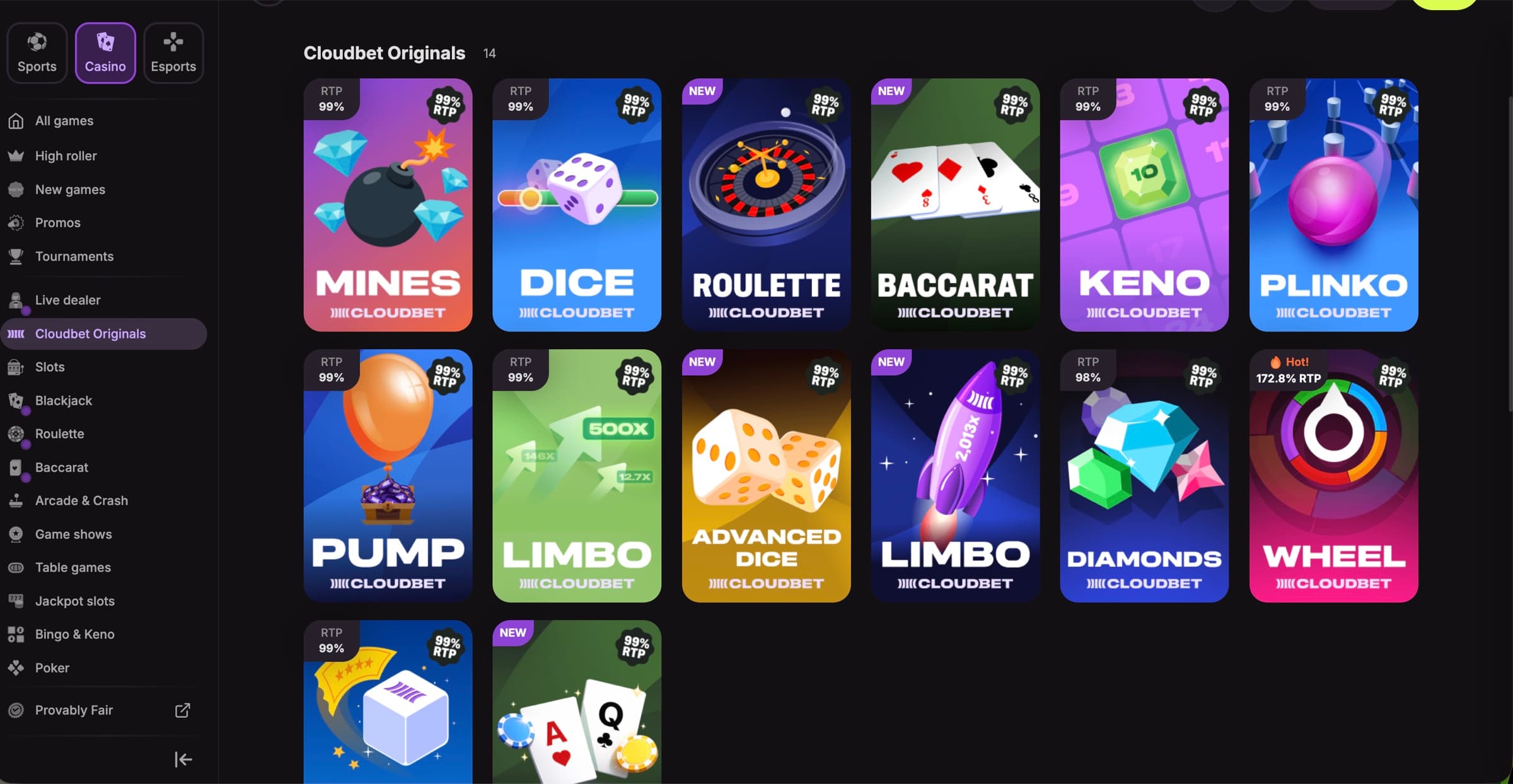 Cloudbet Originals lobby with 14 in-house provably fair titles — Mines, Dice, Roulette, Baccarat, Keno, Plinko, Pump, Limbo, Advanced Dice, Limbo, Diamonds, Wheel — each marked with RTP and Provably Fair badge