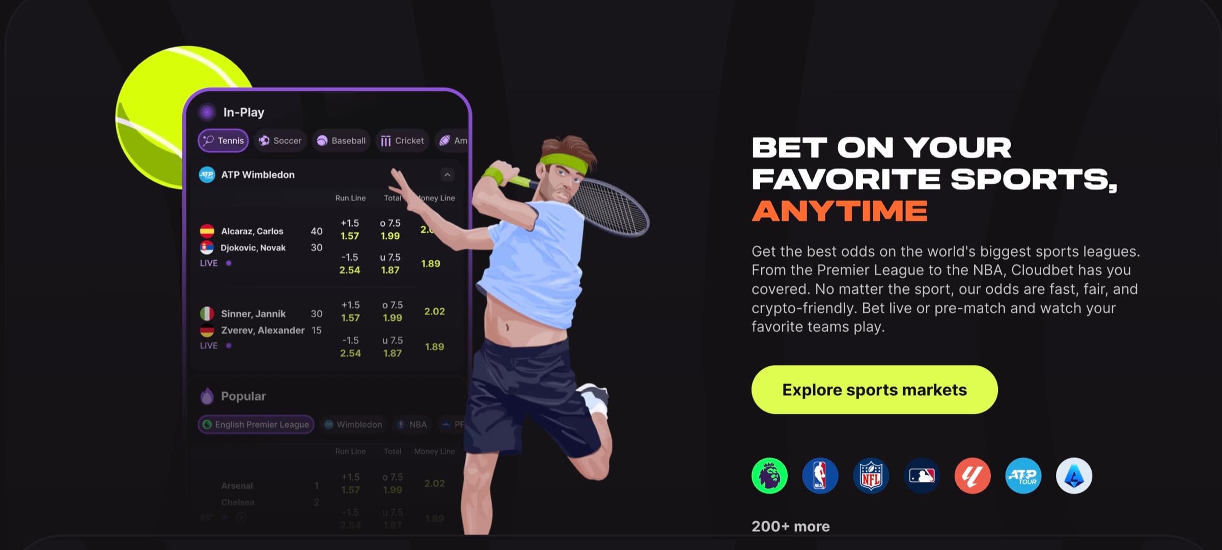 Cloudbet bet on your favorite sports anytime promo with In-Play tennis ATP Wimbledon Alcaraz vs Djokovic and Sinner vs Zverev odds, plus 200+ leagues badge and league logos including Premier League, NBA, MLB, ATP