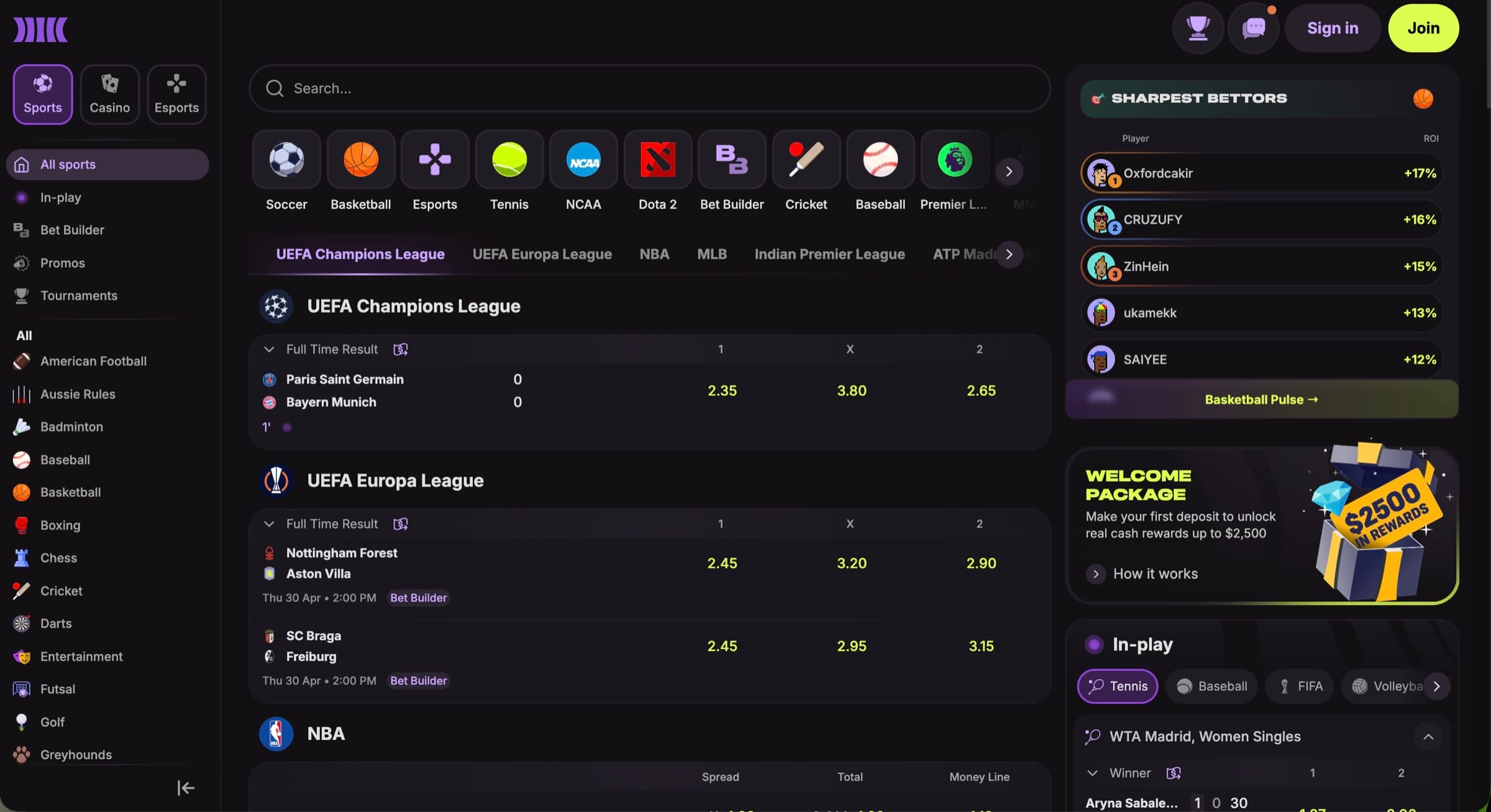 Cloudbet sportsbook lobby showing Sports / Casino / Esports tabs, sport filter strip with Soccer, Basketball, Esports, Tennis, NCAA, Dota 2, Bet Builder, Cricket, Baseball, Premier League, plus UEFA Champions League and UEFA Europa League fixtures and Sharpest Bettors leaderboard in right rail