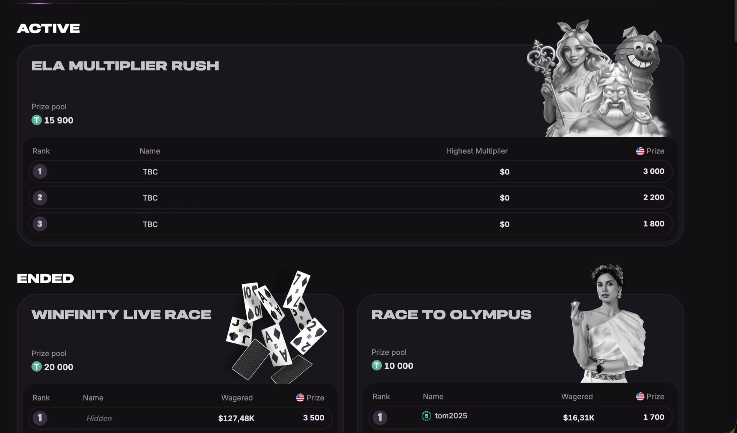 Cloudbet active tournaments — ELA Multiplier Rush 15,900, Winfinity Live Race 20,000, Race to Olympus 10,000 — with rank, name, wagered and prize columns