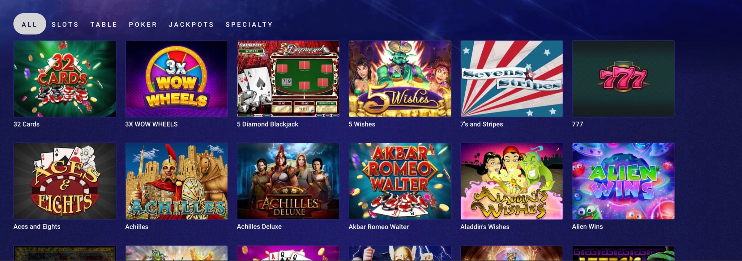 Crypto Reels games lobby — ALL / SLOTS / TABLE / POKER / JACKPOTS / SPECIALTY tabs at top with 32 Cards, 3X WOW Wheels, 5 Diamond Blackjack, 5 Wishes, 7's and Stripes, 777, Aces and Eights, Achilles, Achilles Deluxe, Akbar Romeo Walter, Aladdin's Wishes, Alien Wins tile grid