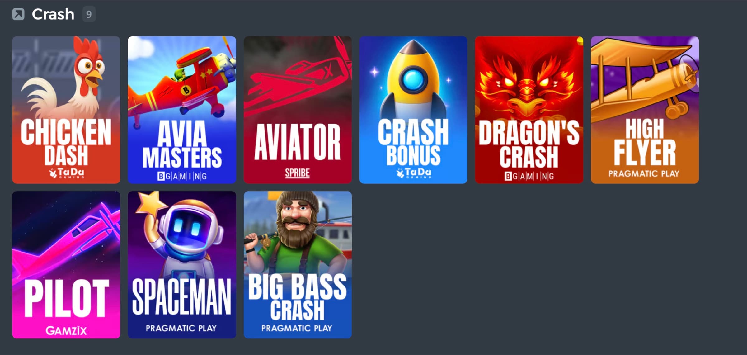 DuckDice crash games tab showing 9 titles — Chicken Dash, Avia Masters, Aviator, Crash Bonus, Dragon's Crash, High Flyer, Pilot, Spaceman, Big Bass Crash