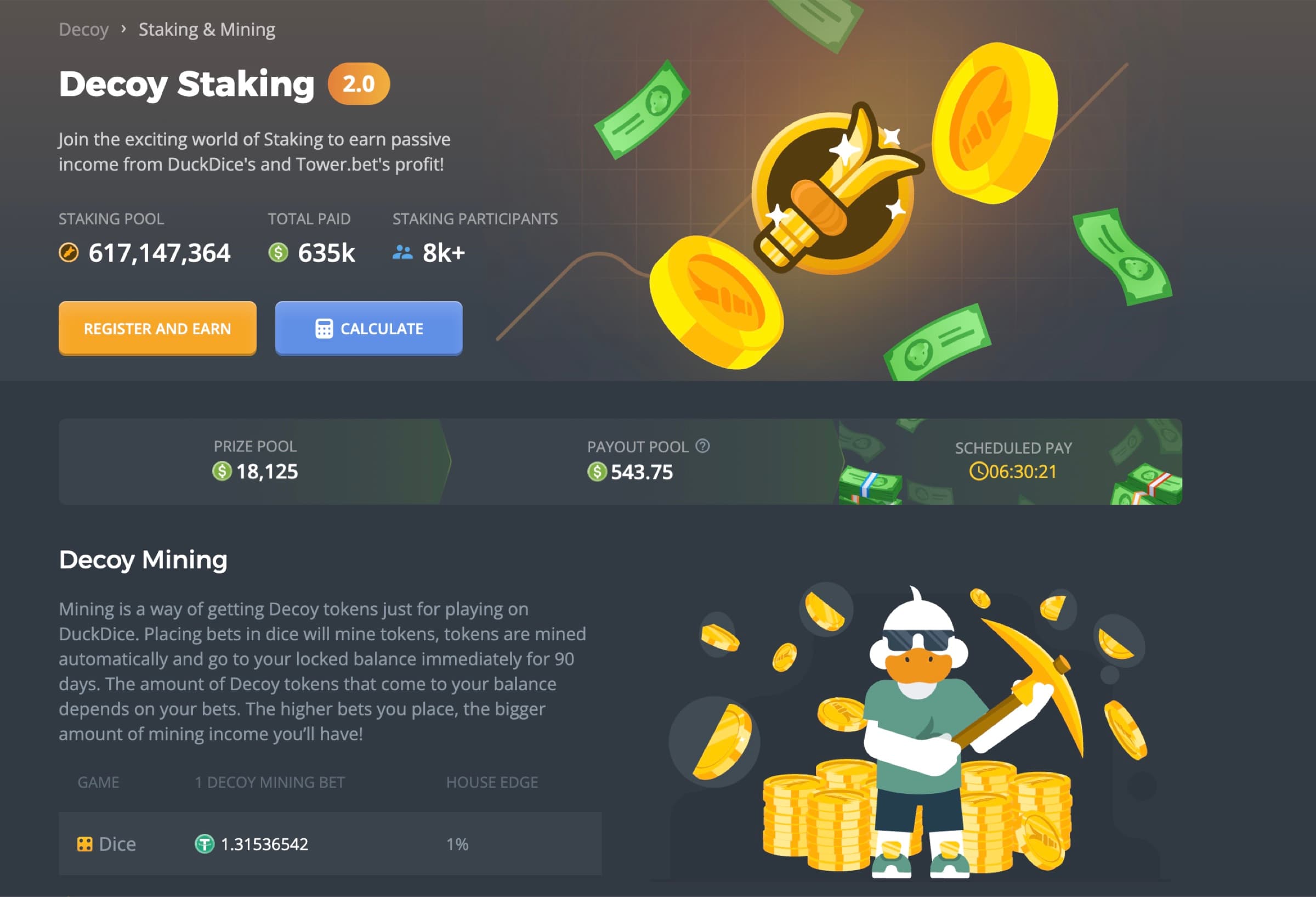 DuckDice Decoy Staking 2.0 dashboard showing staking pool 617,147,364 tokens, total paid 635k, 8k+ staking participants, prize pool 18,125, payout pool 543.75, scheduled pay countdown 06:30:21, plus Decoy Mining section explaining the dice-as-mining mechanic with 1% house edge