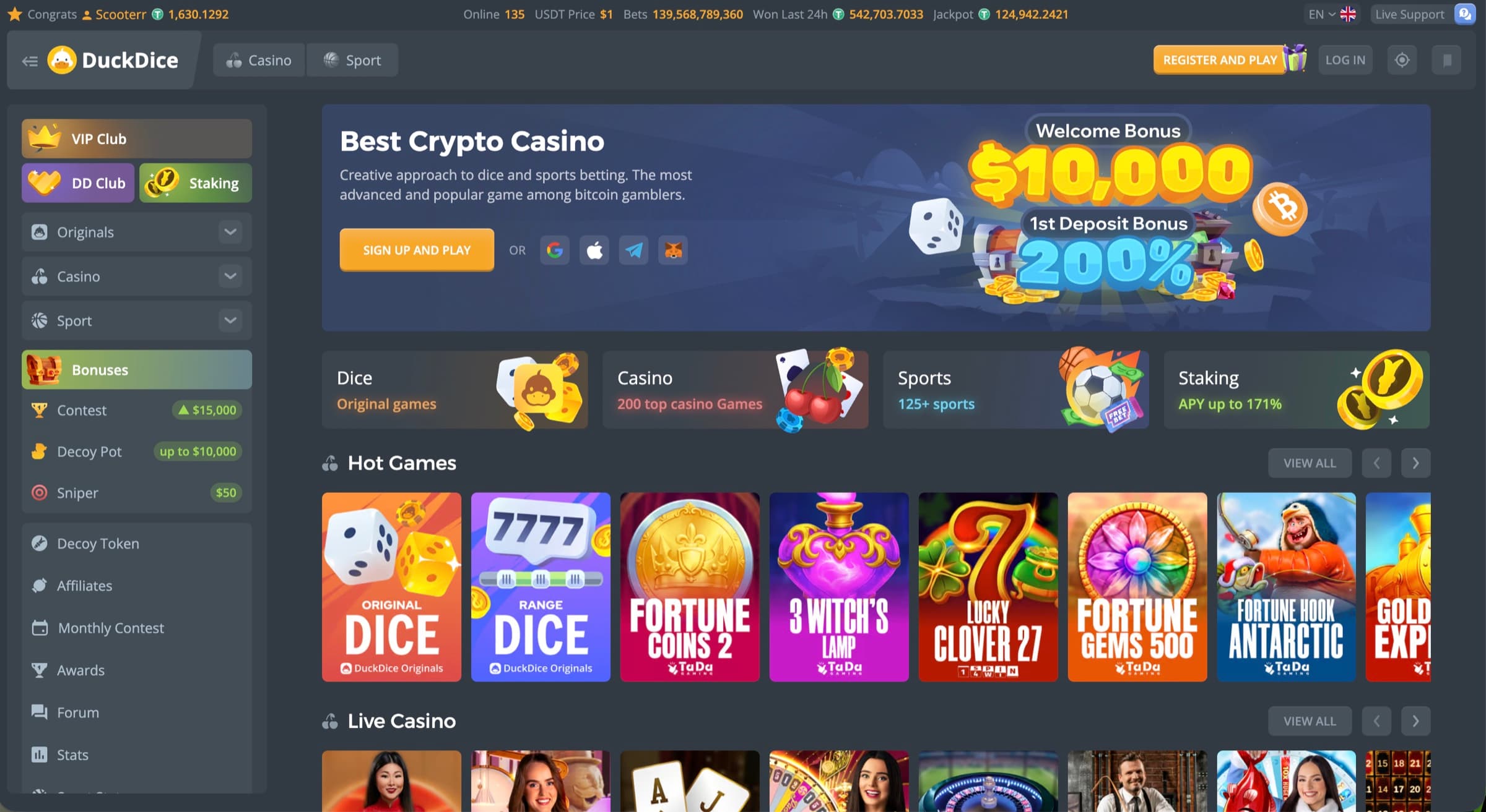 DuckDice casino homepage with $10,000 welcome bonus, Dice/Casino/Sports/Staking tabs, 200 top casino games, 120+ sports and Hot Games row