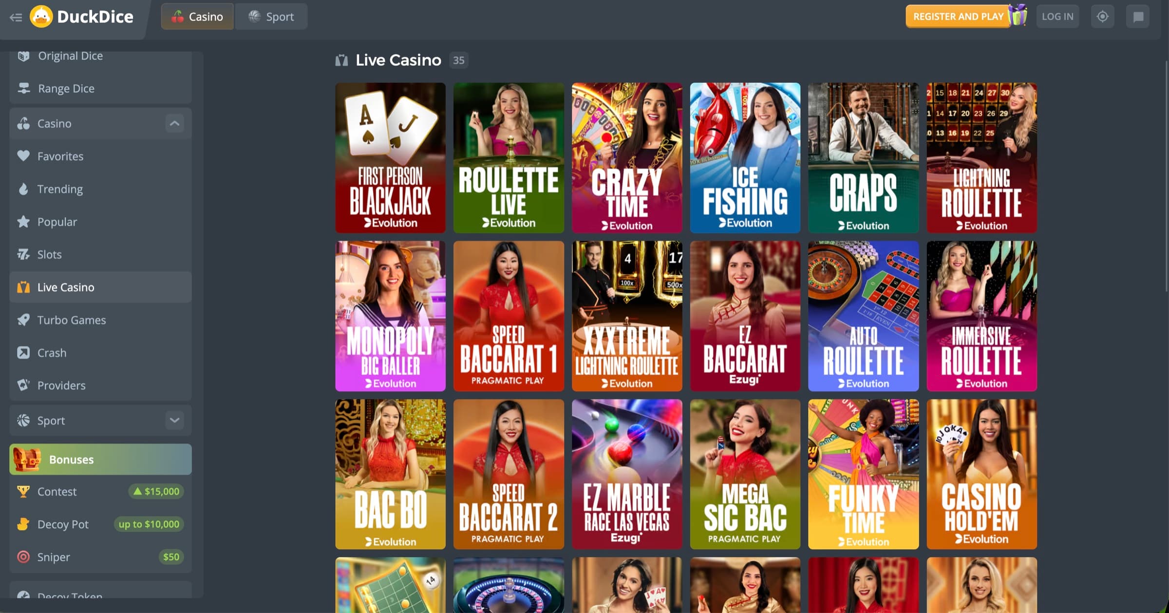 DuckDice Live Casino lobby with sidebar showing dice categories, casino sub-categories, providers, sport, bonuses, contests, Decoy Pot, Sniper. Main grid shows Live Casino tiles including First Person Blackjack, Roulette Live, Crazy Time, Ice Fishing, Craps, Lightning Roulette, Monopoly Big Baller and more