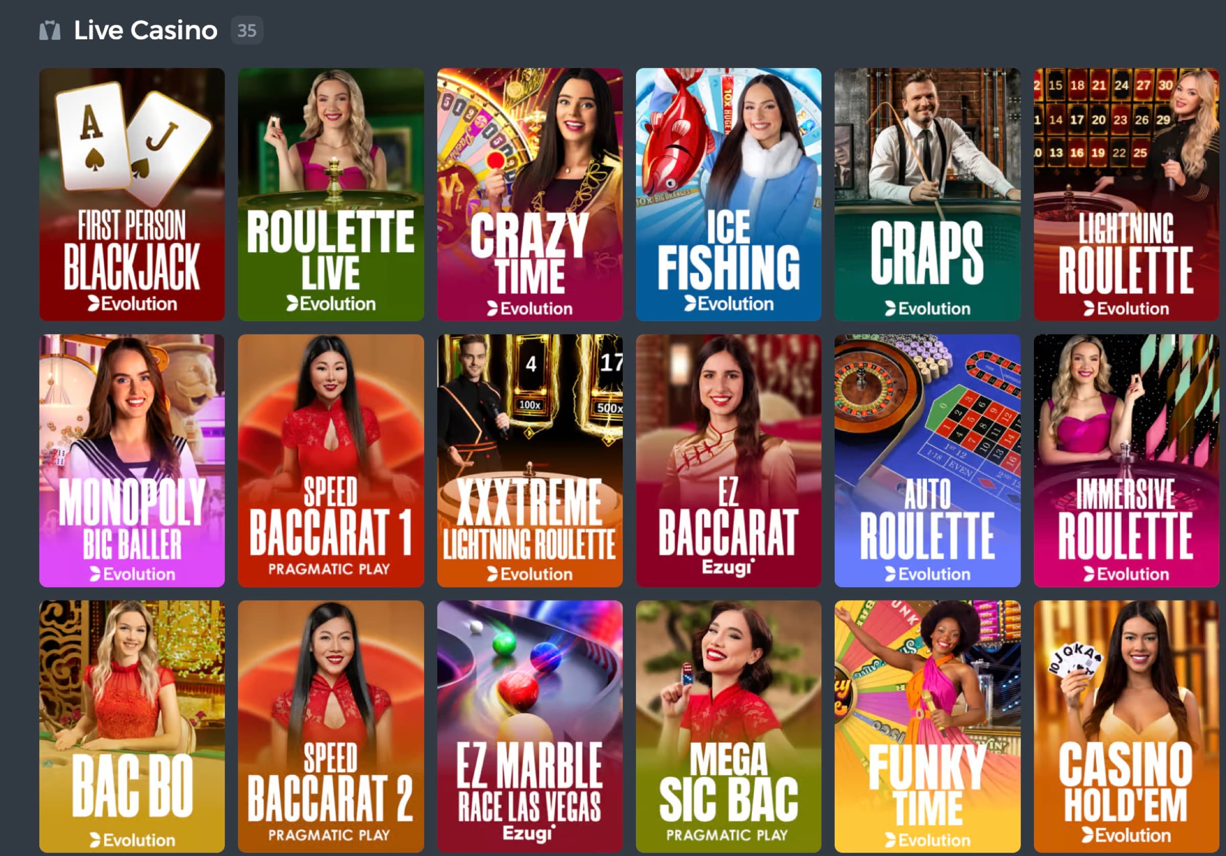 DuckDice Live Casino zoomed tiles showing Evolution-powered tables with provider badges — First Person Blackjack, Roulette Live, Crazy Time, Ice Fishing, Craps, Lightning Roulette, Monopoly Big Baller, Speed Baccarat 1, Xxxtreme Lightning Roulette, EZ Baccarat, Auto Roulette, Immersive Roulette, Bac Bo, Speed Baccarat 2, EZ Marble Race Las Vegas, Mega Sic Bo, Funky Time, Casino Hold'em