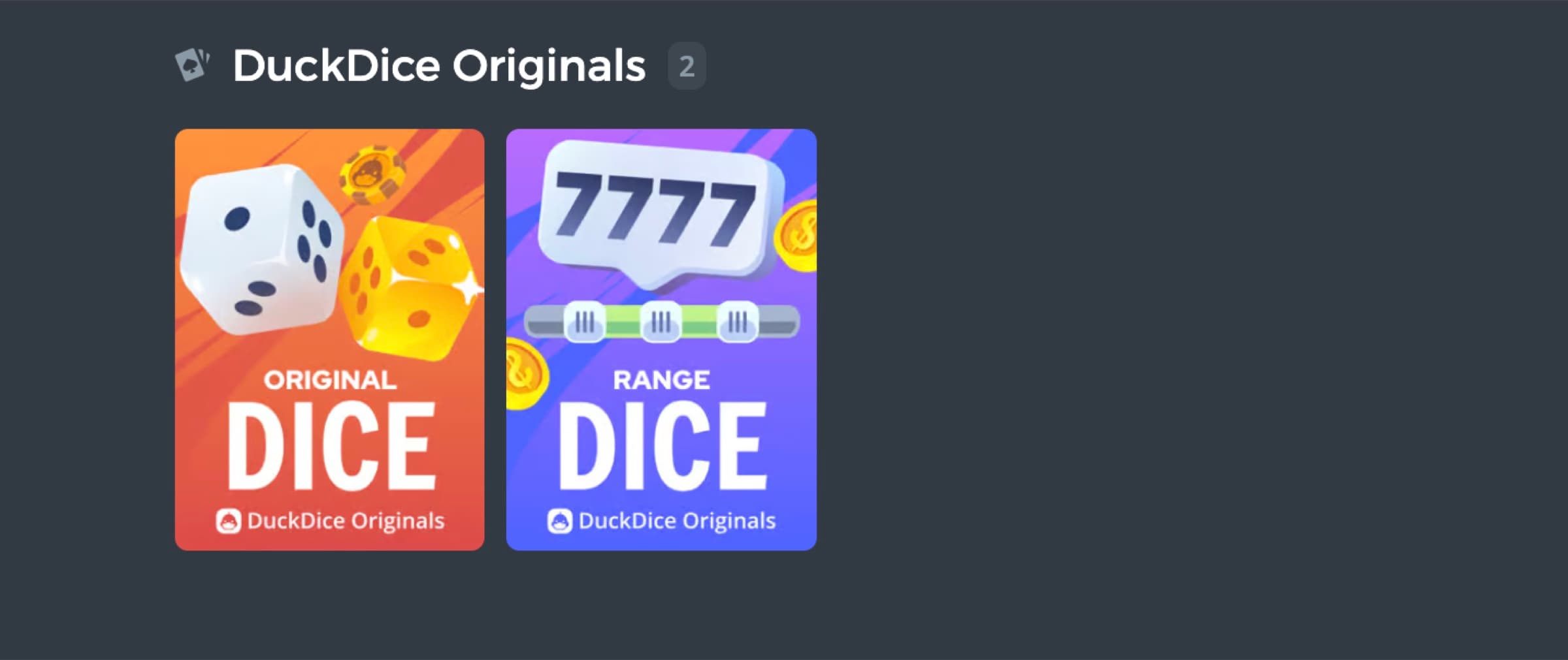 DuckDice Originals tab showing only 2 in-house titles — Original Dice and Range Dice with DuckDice Originals branding