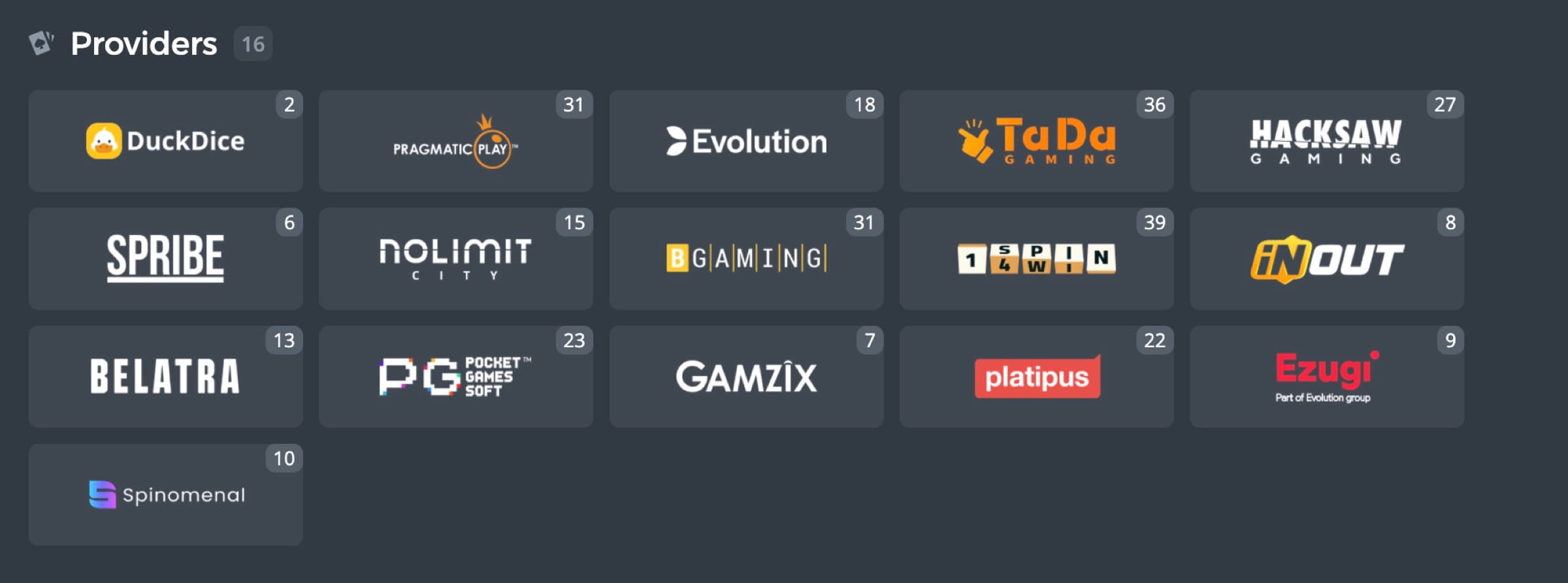 DuckDice game providers page showing 16 studios with per-studio game counts: DuckDice 2, Pragmatic Play 31, Evolution 18, TaDa Gaming 36, Hacksaw Gaming 27, Spribe 6, Nolimit City 15, BGaming 31, 1Spin4Win 39, InOut 8, Belatra 13, PG Pocket Games Soft 23, Gamzix 7, Platipus 22, Ezugi 9, Spinomenal 10