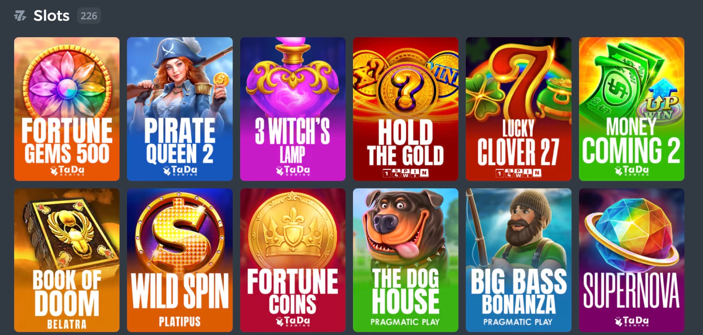 DuckDice slots tab showing 226 games with featured tiles for Fortune Gems 500, Pirate Queen 2, 3 Witch's Lamp, Hold the Gold, Lucky Clover 27, Money Coming 2, Book of Doom, Wild Spin, Fortune Coins, The Dog House, Big Bass Bonanza, Supernova