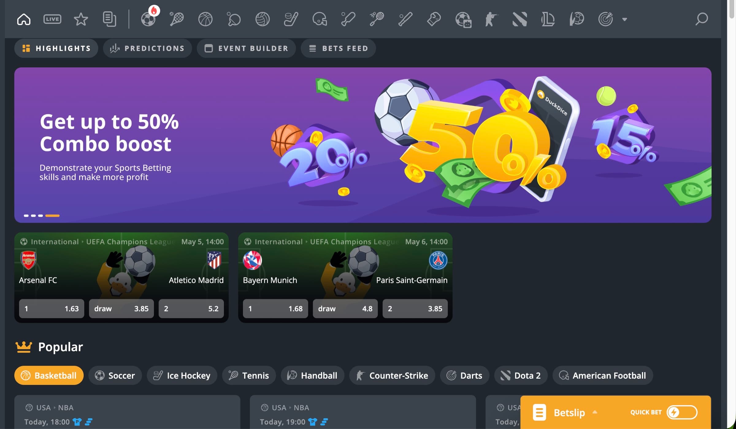 DuckDice sportsbook with Highlights tab showing 50% Combo Boost banner, UEFA Champions League fixtures Arsenal vs Atletico Madrid and Bayern Munich vs Paris Saint-Germain with full 1X2 odds, Popular sports row including Basketball, Soccer, Ice Hockey, Tennis, Handball, Counter-Strike, Darts, Dota 2, American Football