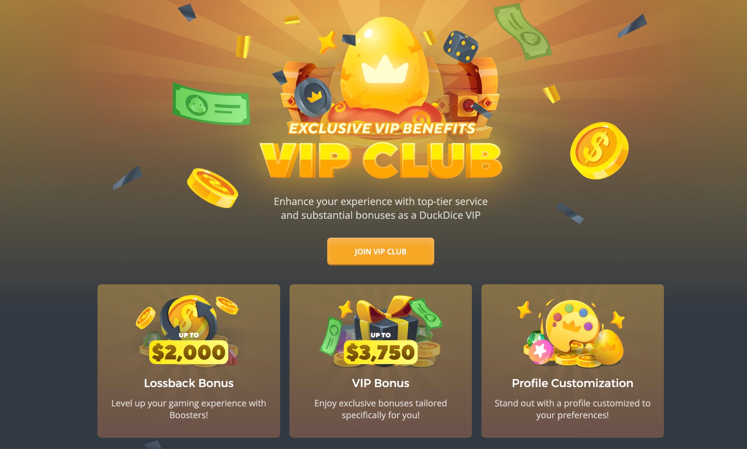 DuckDice VIP Club page header with $2,000 Lossback Bonus, $3,750 VIP Bonus and Profile Customization tiles