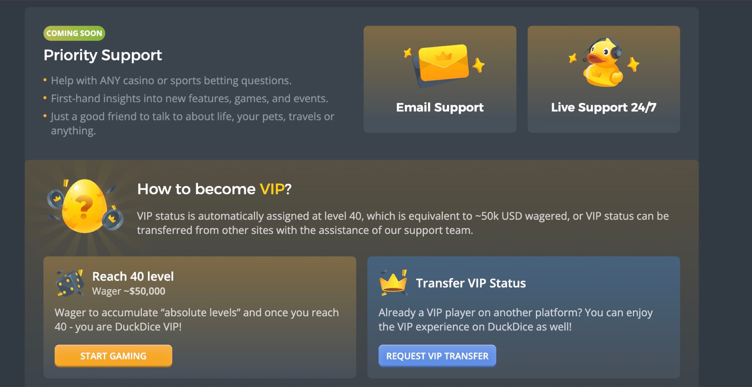 DuckDice VIP support and entry mechanics showing Priority Support coming soon, Email Support, Live Support 24/7, plus How to become VIP section explaining VIP status auto-assigned at level 40 (~50k USD wagered) or VIP transfer from another platform