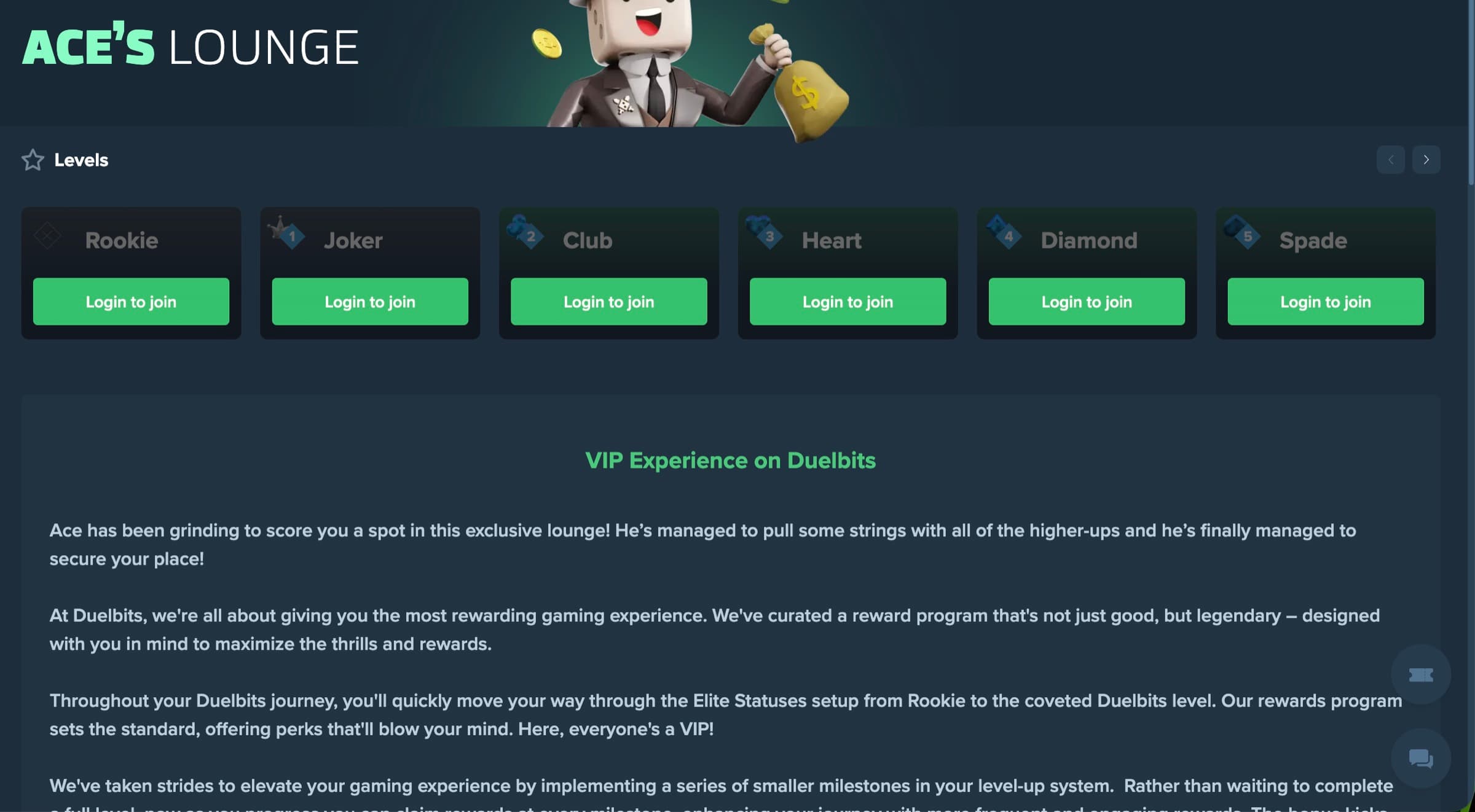 Ace's Lounge with six tier cards — Rookie / Joker / Club / Heart / Diamond / Spade — Login to join CTAs, Ace mascot character, VIP Experience copy 'Ace has been grinding to score you a spot in this exclusive lounge'