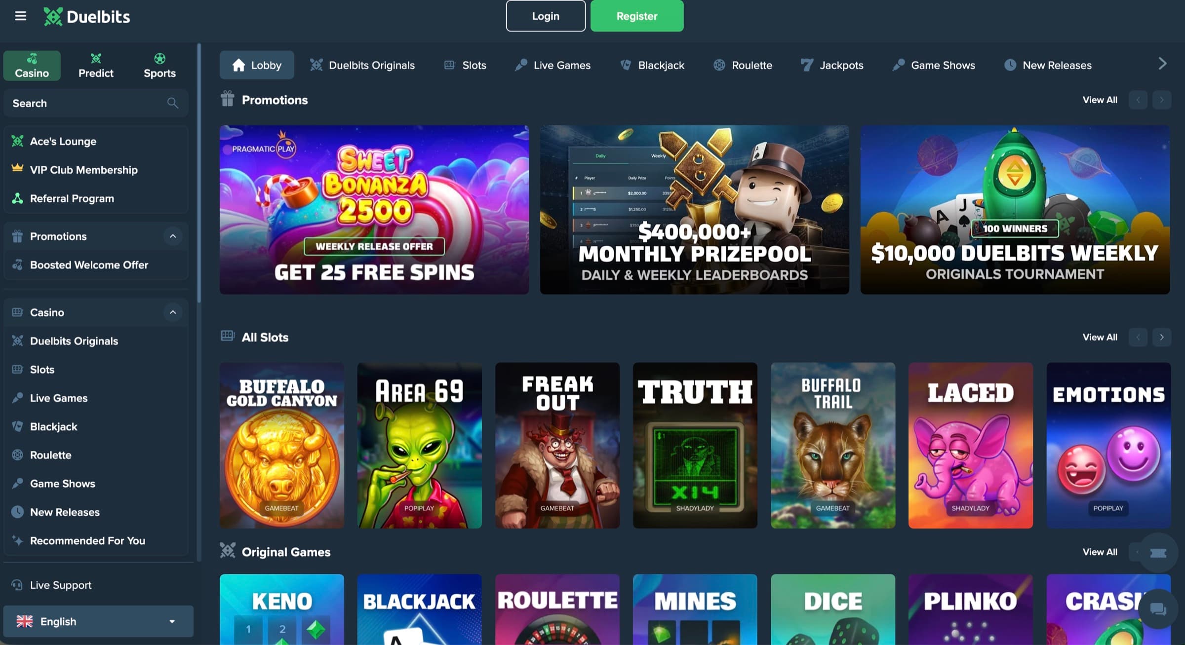 Duelbits casino lobby with Lobby/Originals/Slots/Live Games/Blackjack/Roulette/Jackpots/Game Shows tabs, Sweet Bonanza 2500 weekly release, $400k monthly prizepool, $10k Duelbits Weekly Originals Tournament tiles, Buffalo Gold Canyon + Area 69 + Freak Out + Truth + Buffalo Trail + Laced + Emotions slot grid