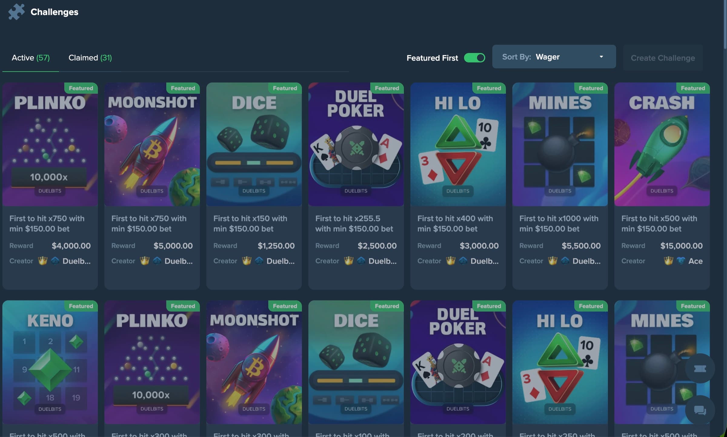 Challenges hub — 57 active featured: Plinko first to hit ×750 with min $150 bet $4,000 reward, Moonshot ×750 $5,000, Dice ×150 $1,250, Duel Poker ×259.5 $2,500, Hi Lo ×400 $3,000, Mines ×1000 $5,500, Crash ×500 $15,000 — plus second row repeating mechanics