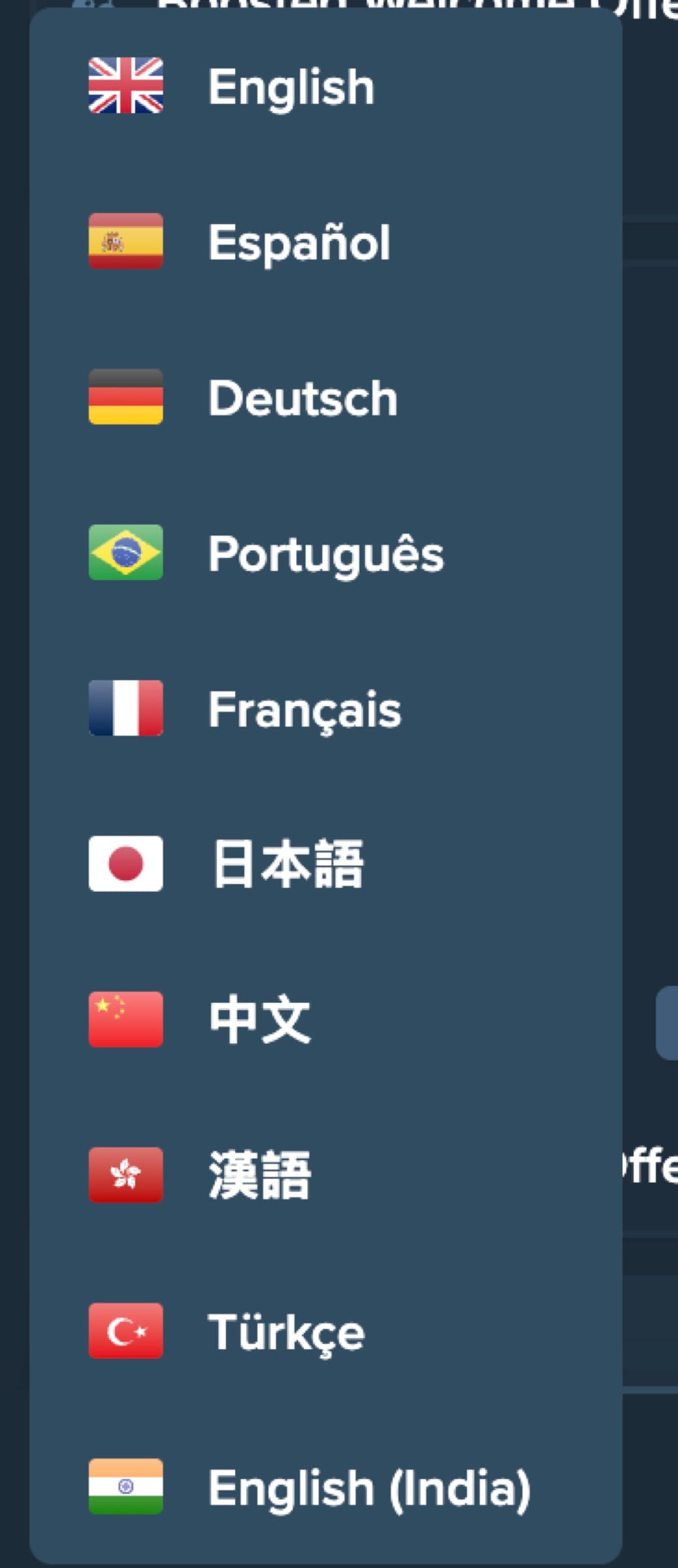 Duelbits language switcher with English (selected), Español, Deutsch, Português, Français, 日本語, 中文, 漢語 (Cantonese), Türkçe, English (India)