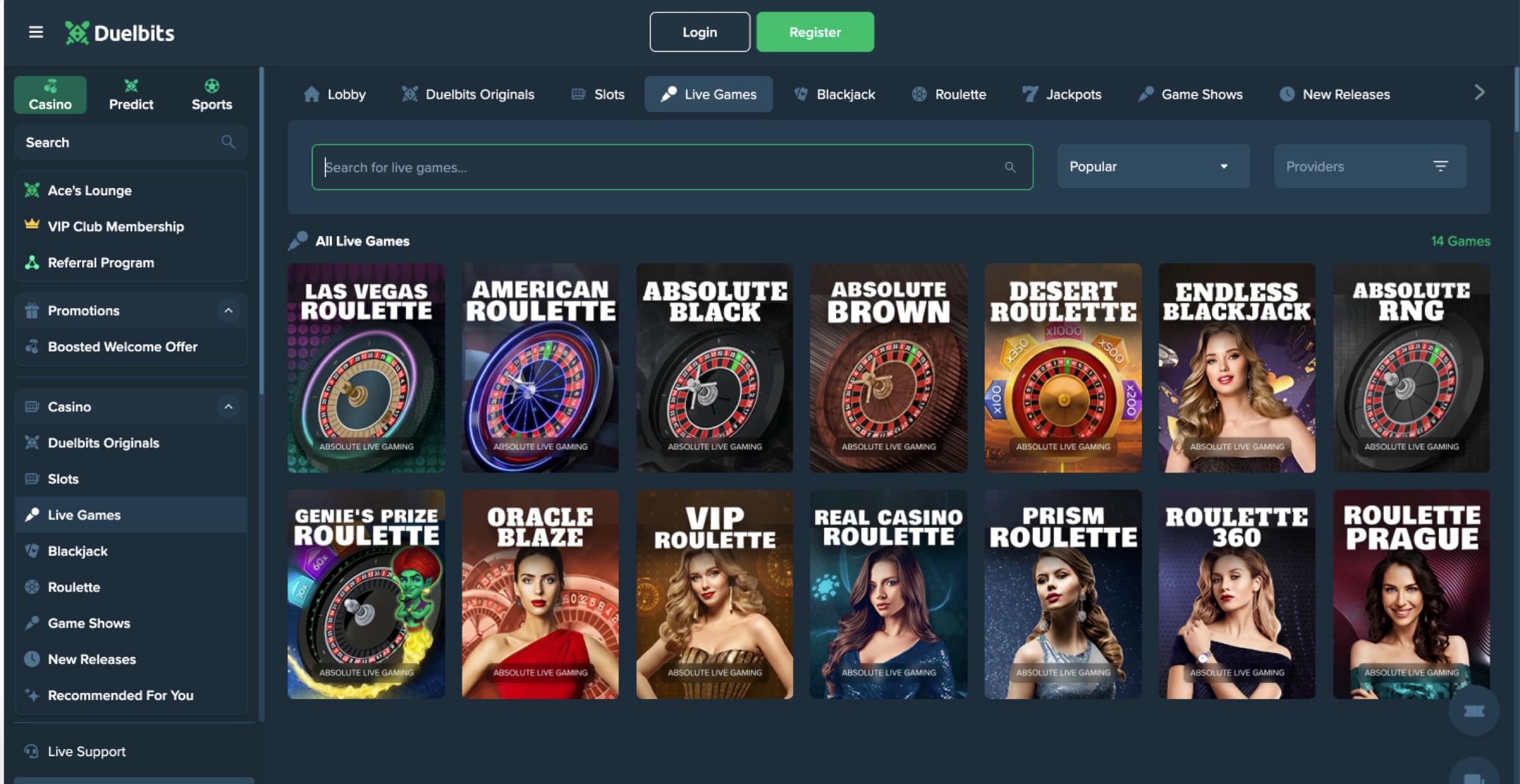 Live Games lobby — Las Vegas Roulette, American Roulette, Absolute Black, Absolute Brown, Desert Black, Endless Blackjack, Adventure Ring, Genie's Magic Roulette, Oracle Blaze, VIP Roulette, Real Casino Roulette, Pirate Roulette, Roulette 360, Roulette Prague