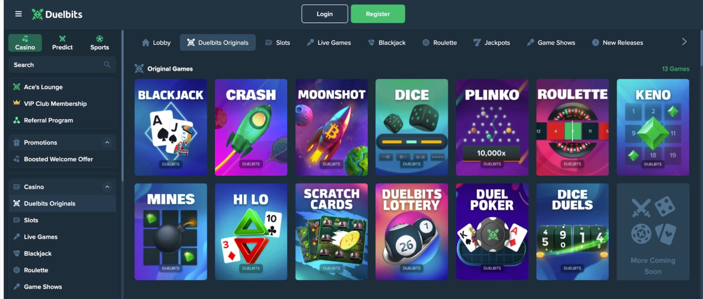 Duelbits Originals catalogue grid — Blackjack, Crash, Moonshot, Dice, Plinko, Roulette, Keno, Mines, Hi Lo, Scratch Cards, Duelbits Lottery, Duel Poker, Dice Duels
