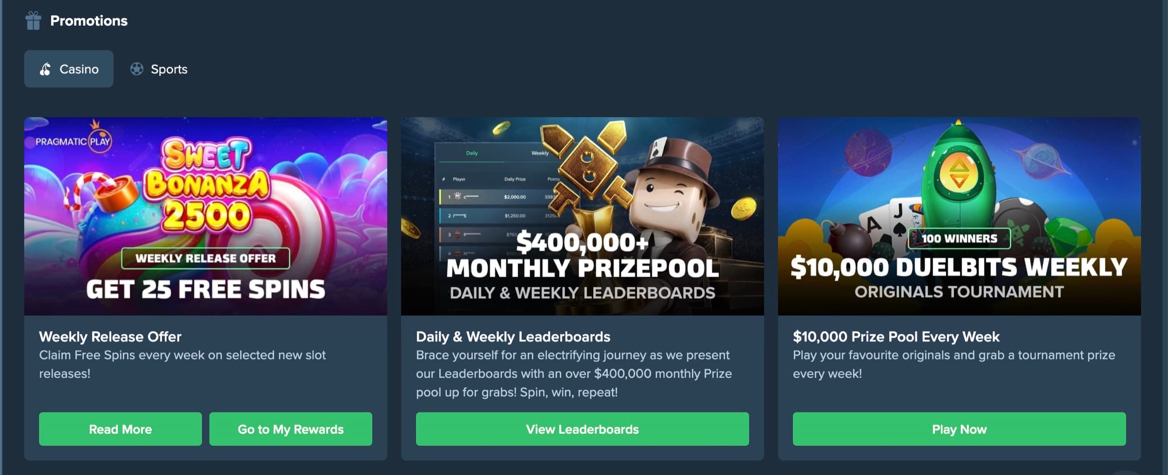 Casino promotions hub — Sweet Bonanza 2500 Weekly Release Offer (Get 25 Free Spins for $25 wagered), $400,000+ Monthly Prizepool Daily & Weekly Leaderboards, $10,000 Duelbits Weekly Originals Tournament 100 winners — Read More / Go to My Rewards / Play Now CTAs