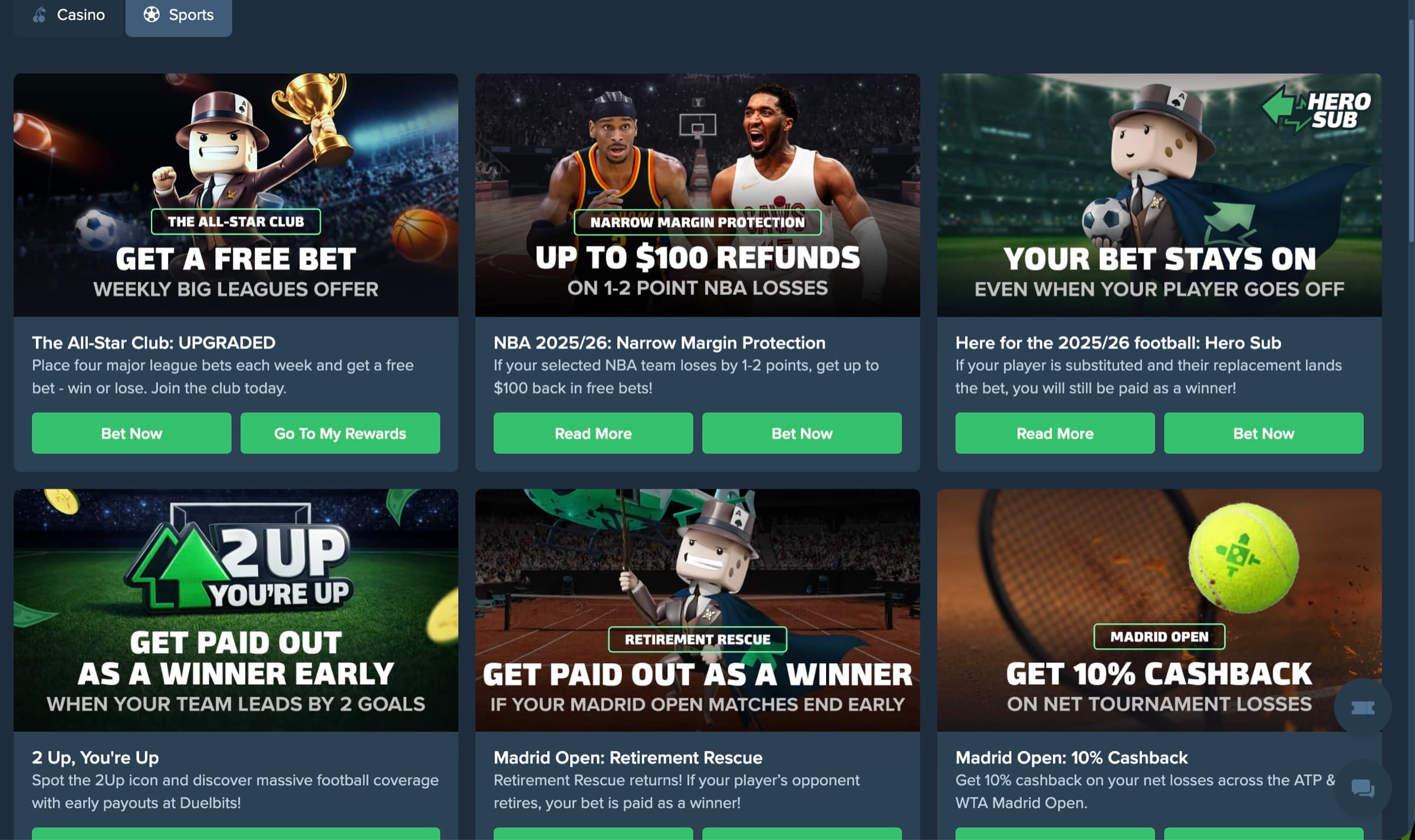 Sports promotions hub — All-Star Club Upgraded weekly free bet, NBA Narrow Margin Protection $100 refund, Hero Sub bet stays on, 2 Up You're Up paid out as winner, Madrid Open Retirement Rescue, Madrid Open 10% Cashback