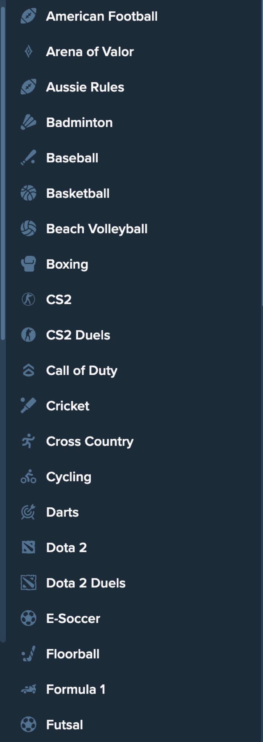Sportsbook sport list — American Football, Arena of Valor, Aussie Rules, Badminton, Baseball, Basketball, Beach Volleyball, Boxing, CS2, CS2 Duels, Call of Duty, Cricket, Cross Country, Cycling, Darts, Dota 2, Dota 2 Duels, E-Soccer, Floorball, Formula 1, Futsal